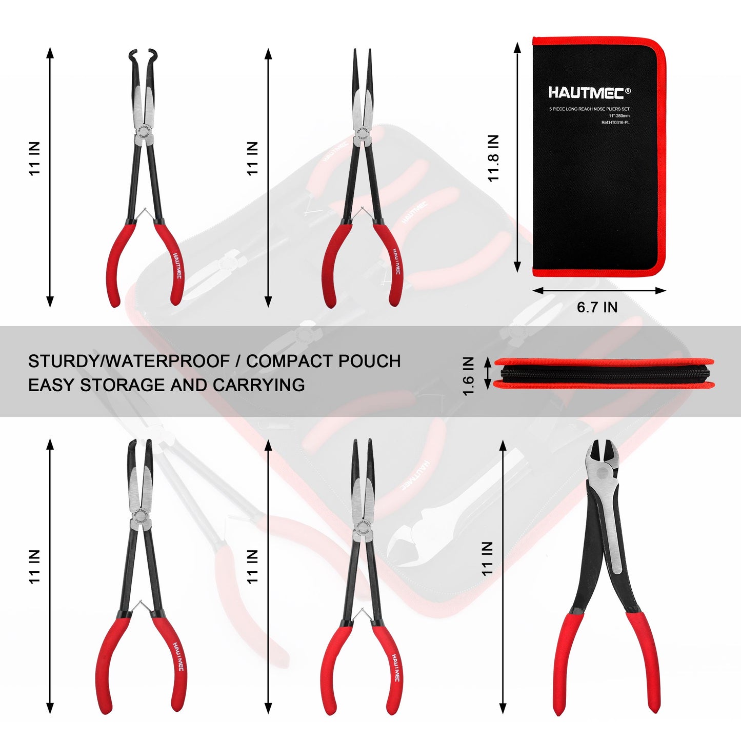 HAUTMEC 11Inch Extra Long Needle Nose Pliers Set, 5PCS Spring Loaded Heavy Duty Long Reach Pliers Include Hose Grip and Diagonal Cutting Plier, Straight and 45/90 Degree Bent Nose Pliers HT0316