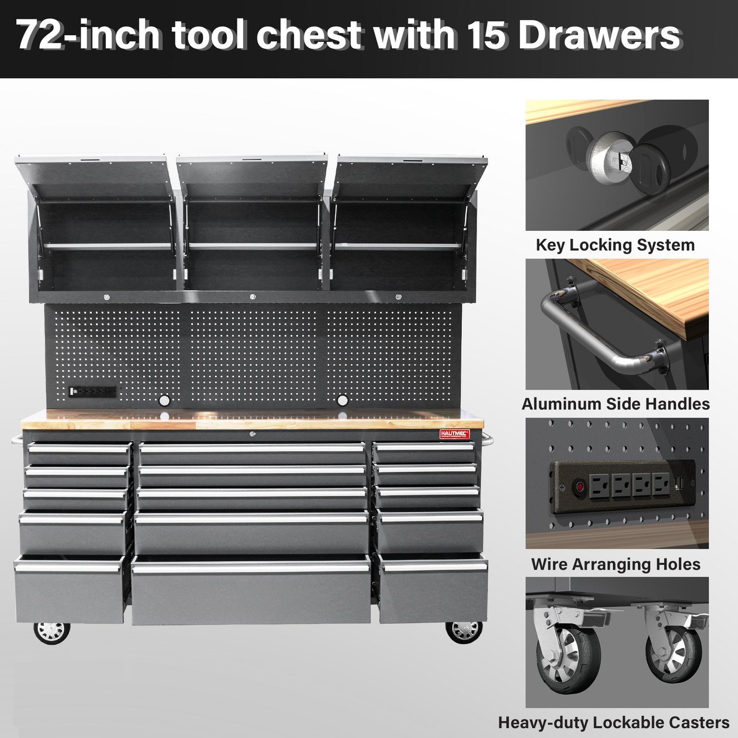 HAUTMEC 72-Inch Rolling Tool Chest with 51 PCS Pegboard Hooks & ETL-Certified Power Strip, Mobile Garage Workbench with 15 Drawers, 3 Upper Cabinets, Pegboard & Heavy-Duty Oak Work Surface HT0428-TC