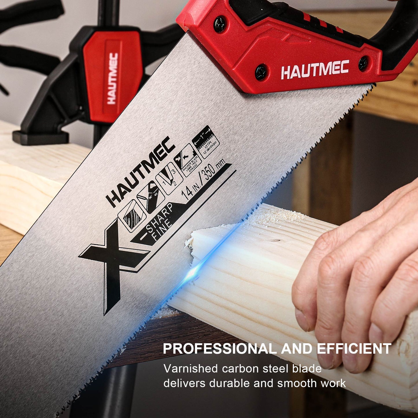 HAUTMEC 14 in. X-Sharp Hand Saw, 12 TPI Woodworking Handsaw, Soft-Grip Sharp SharpTooth for Cutting and Sawing Trees, Plastic Pipes, Drywall HT0295-WS