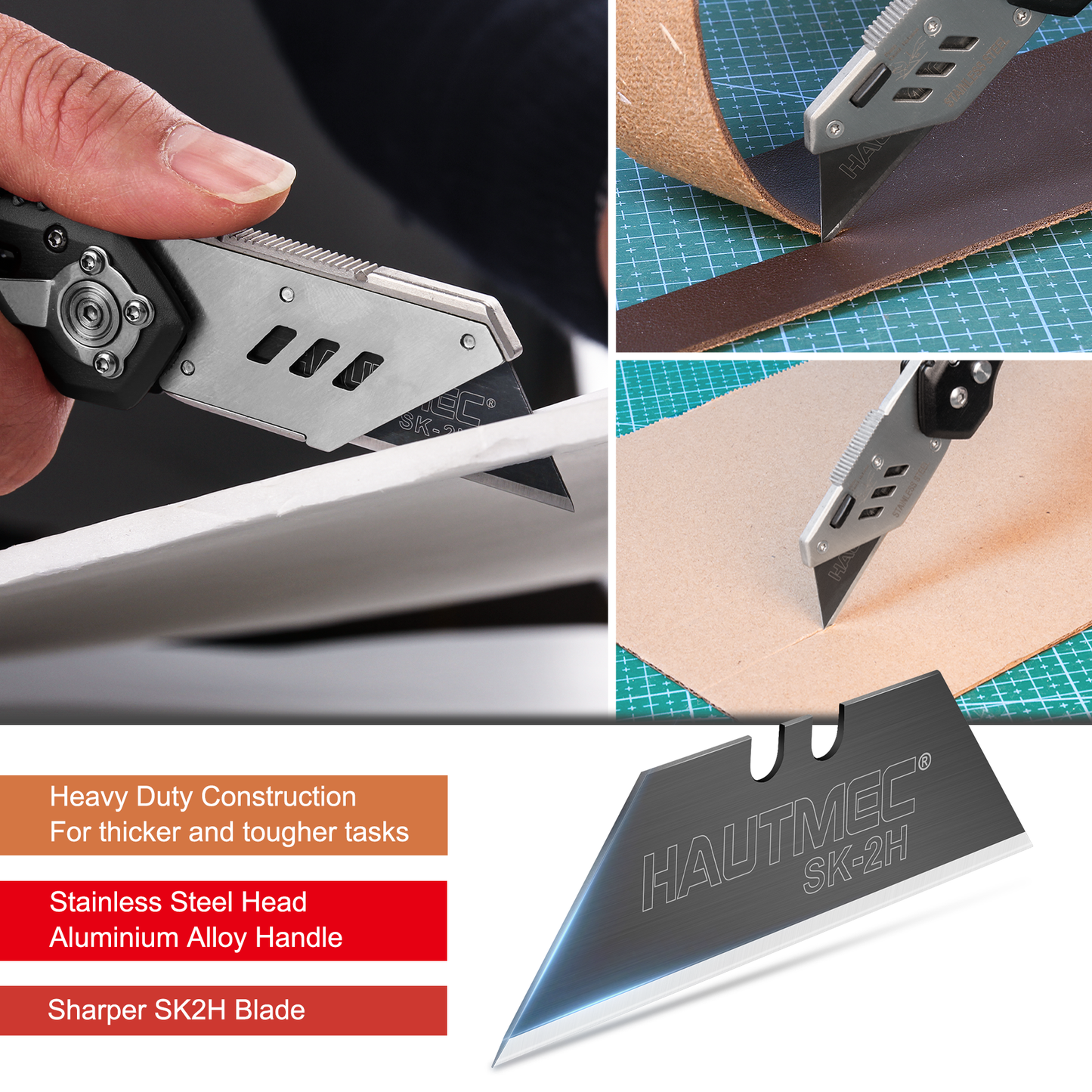 HAUTMEC Folding Utility Knife with 10-Pack SK2H Blades, Heavy-Duty Aluminum Alloy Box Cutter with Belt Clip, Carabiner, Quick-Change Blades & Safety Lock – HTUCH25002