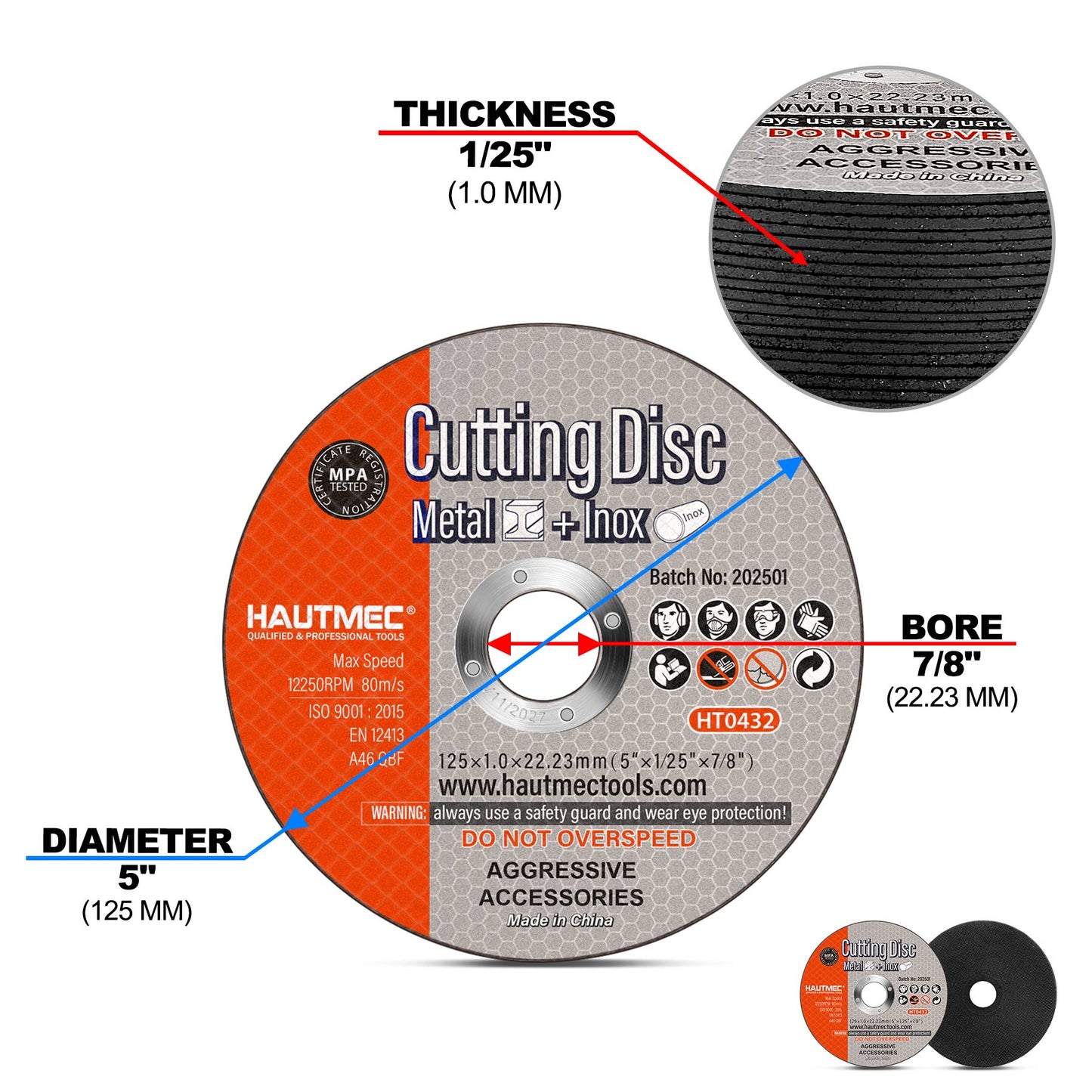 HAUTMEC 5 Inch Cut Off Wheels 20 Pack, 5" x .04" x 7/8" Thin Metal Cutting Discs for Angle Grinder, Expert Grade Cutting Wheel for Steel, Stainless Steel & Metals – HT0432