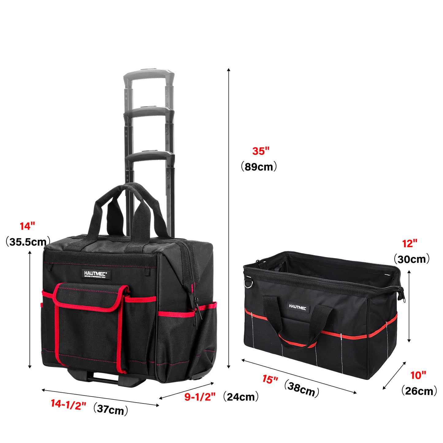 HAUTMEC 2-Piece Rolling Tool Bag Set, 15” Heavy-Duty Tool Bag with Wheels & 15" Wide Mouth Utility Bag, 1680D Water-Resistant Durable Tool Storage – HT0288