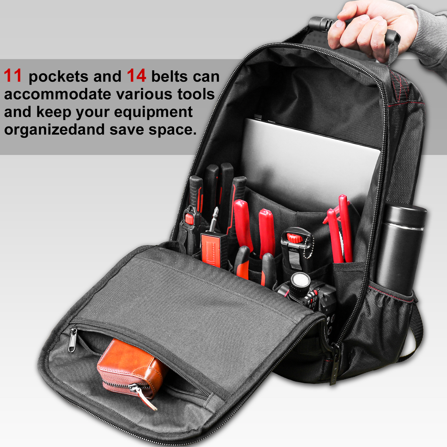 HAUTMEC Pro Tool Backpack Heavy Duty 1680D Water-Resistant Tool Bag with Laptop Compartment, Padded Straps for Comfortable Carry, Impact-Resistant Base, HT0407