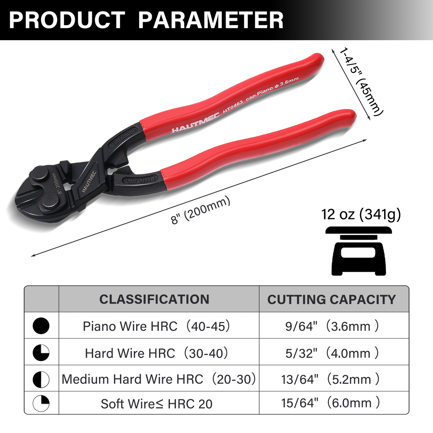 HAUTMEC 8 Inch High Leverage Bolt Cutter Plier Set, 8" Bolt Cutter, 8" Flush Cutter, High Leverage, CRV Blade, Flush cutting for Locks, Bolts,Wires, Cables, Rivets, and Chains, HT0469