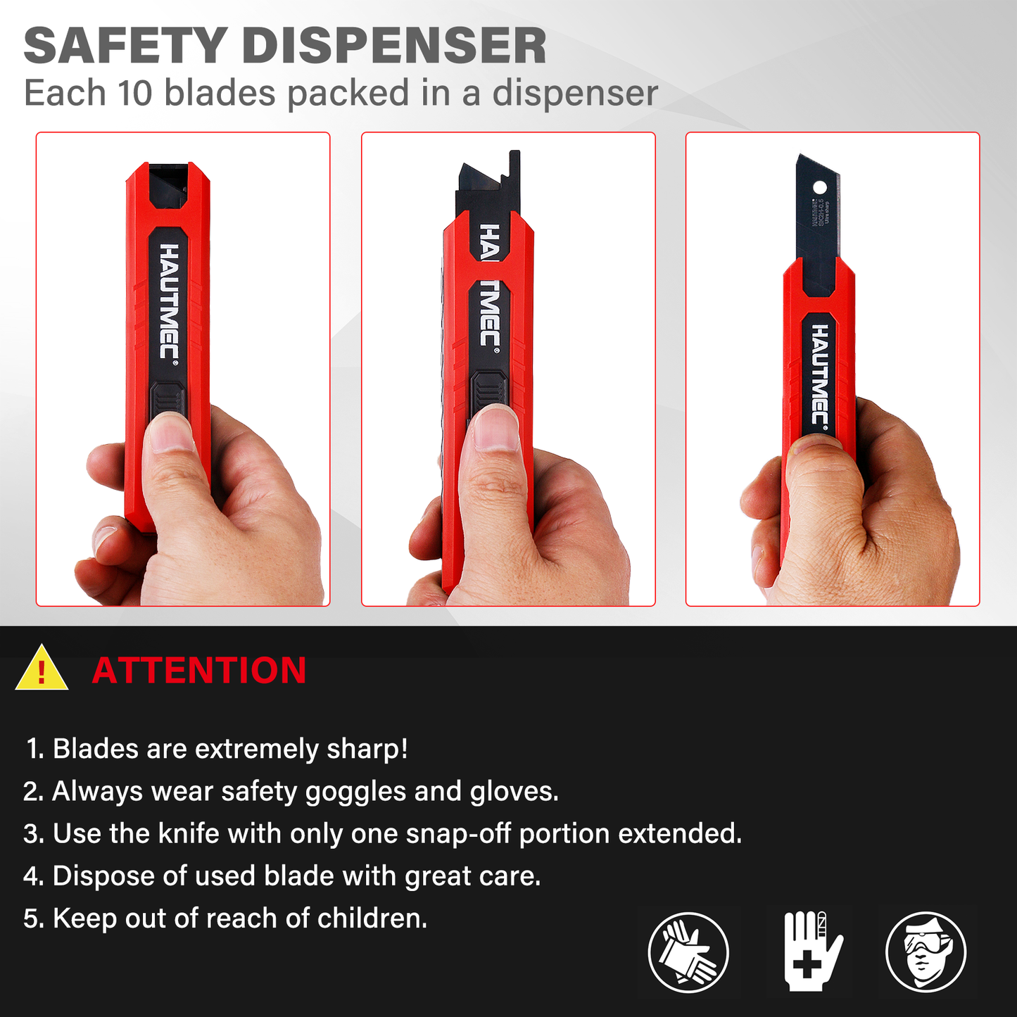 HAUTMEC 10PC 25mm Heavy Duty Utility Knife Blades, SK2H Steel Box Cutter Replacement Rustproof Blades - for Industrial or Construction Applications Bottom Snap-Off & Recycling Box 25009
