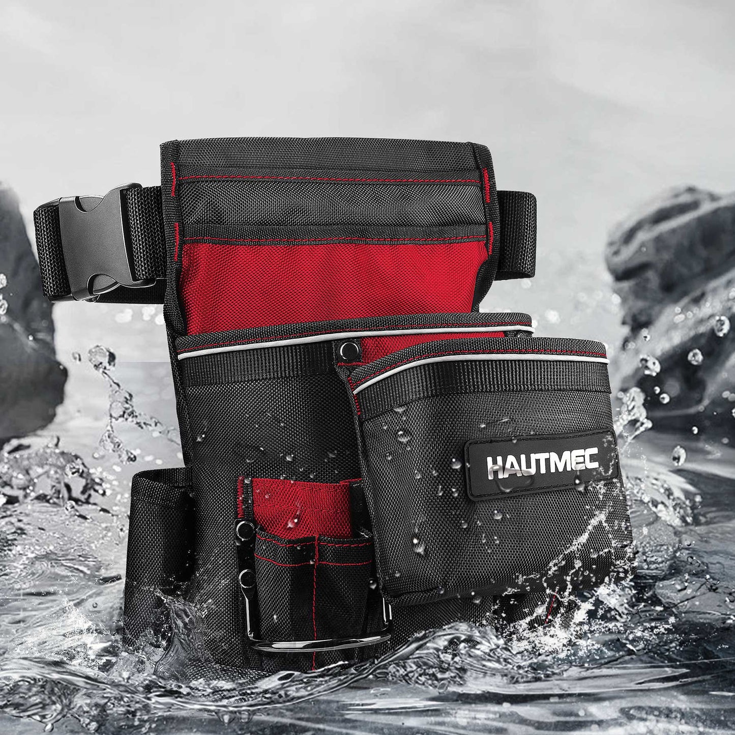 HAUTMEC Heavy Duty Framing Tool Belt Electrician Tools Pouch Organizer Work Belts For Men, 12-Pocket 1680D Tool Bag with Waist Strap Hammer Holder and 360°Reflective Strips, Black & Red HT0220-TBR