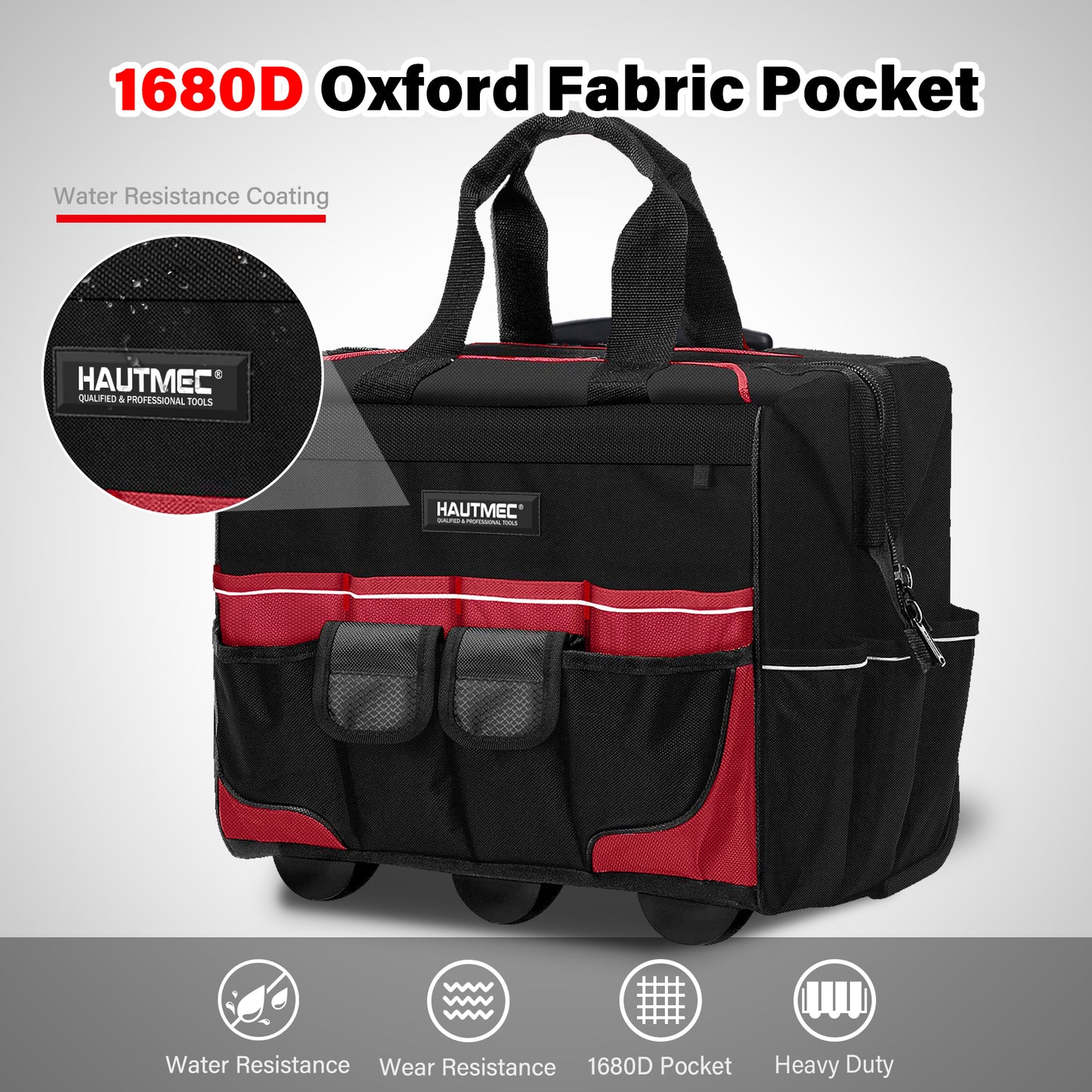 HAUTMEC 18" Rolling Tool Bag with Wheels, 23-Pocket Portable Tool Box Organizer with 600D Water-Resistant Fabric, Wide-Mouth Design, Oversized Wheels & Telescoping Handle -HTTBM25004