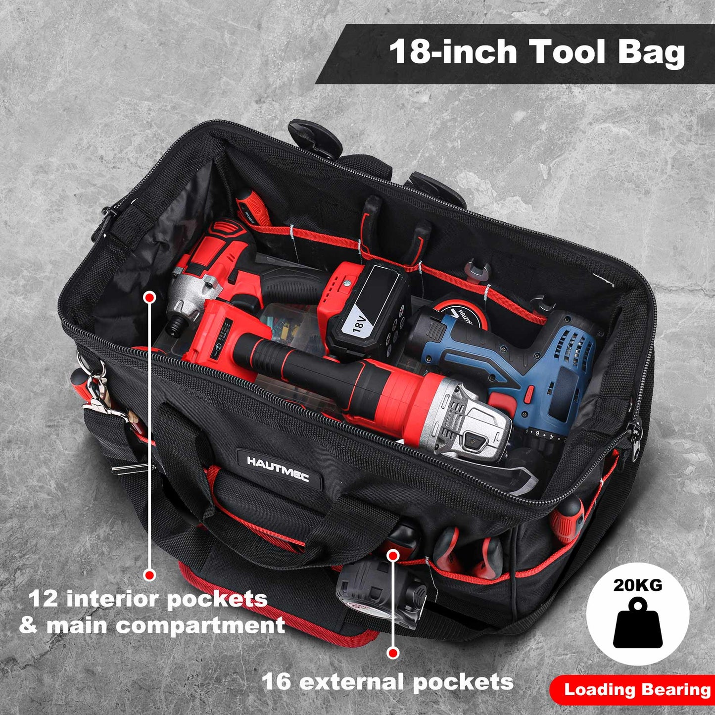 HAUTMEC 3PCS Wide Mouth Tool Bags Set, Heavy Duty Tool Bag with Large Capacity and Waterproof Base,12-inch Small Tool Bag,18-inch Medium Toolbag,24-inch Large Tool Storage Bag for Construction HT0297