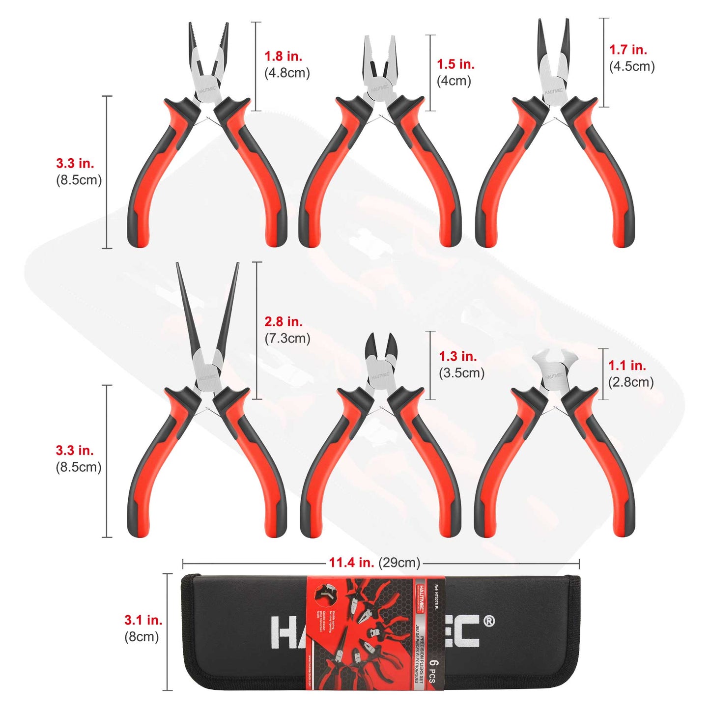 HAUTMEC 6PCS Mini Pliers Set High Leverage Multi Pliers Tool Set with Mini Needle Nose Pliers,Linesman Pliers,Long Nose Pliers,Bent Nose Pliers,Diagonal Cutters,End Cutting Pliers HT0275