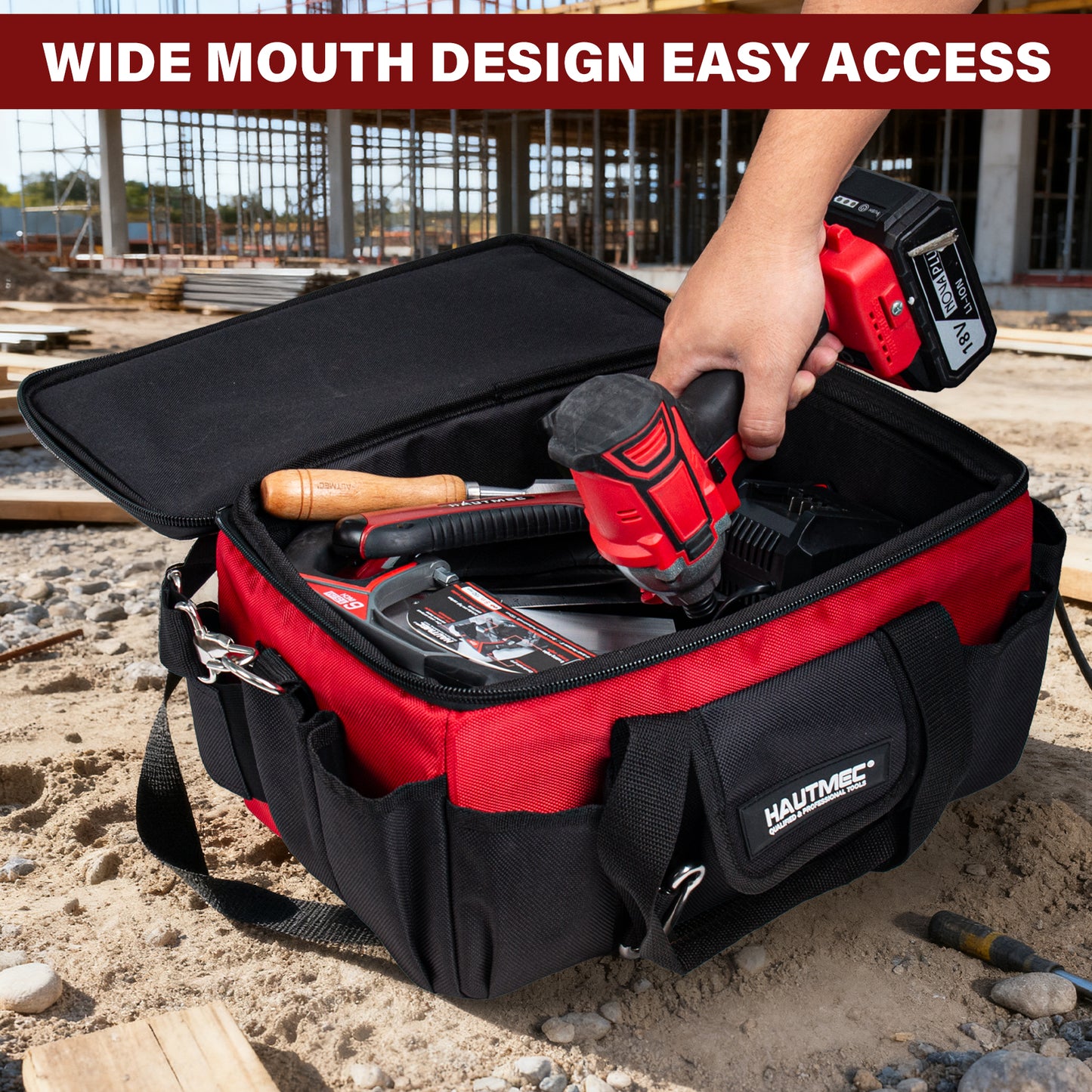 HAUTMEC Heavy Duty Tool Bag Case 14.5 Inch, 1680D Oxford Fabric & EVA Reinforced Hard Bottom, Wide Opening with Removable Dividers, Multi-Pocket Organizer with Padded Strap & Trolley Sleeve - HT0401