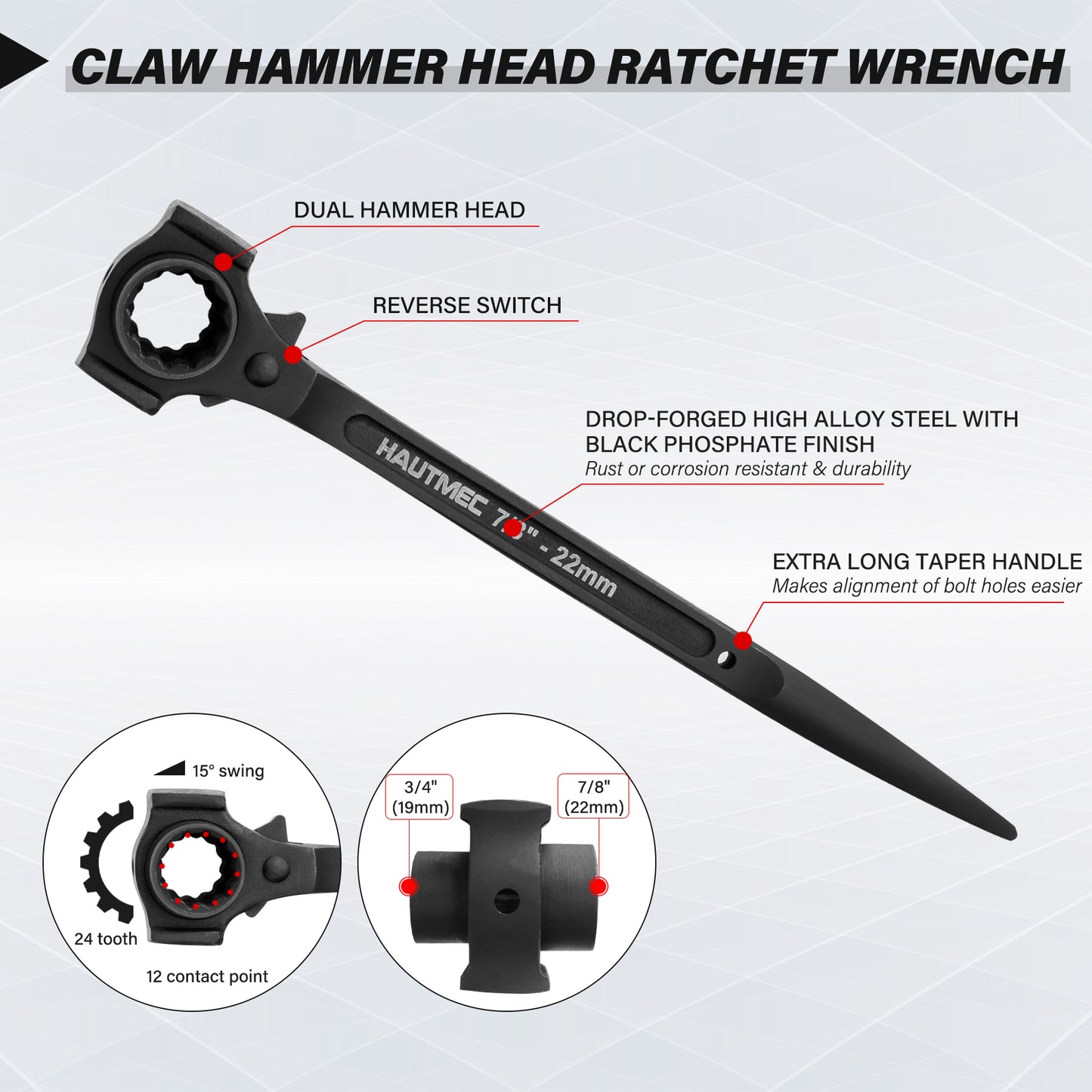 HAUTMEC 12" Spud Ratchet Wrench Set(3 PCS), Includes 3/4" x 7/8" Dual Socket Scaffold Ratchet Wrench with Hammer Function, 3/8" x 1/2" Dual Head Ratchet, and Adjustable Spud Wrench HTASM25021