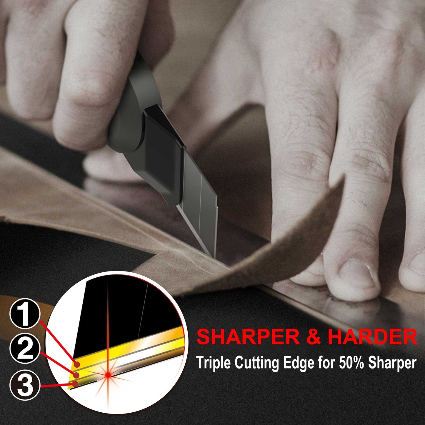HAUTMEC 20PCS 18mm Triple Cutting-edge Snap Off Blades, Retractable Black Replacement Blades, SK2 Utility Knife Blades, Strengthened Safety Box, for Box, Carpet, Rope HT0083-20PC