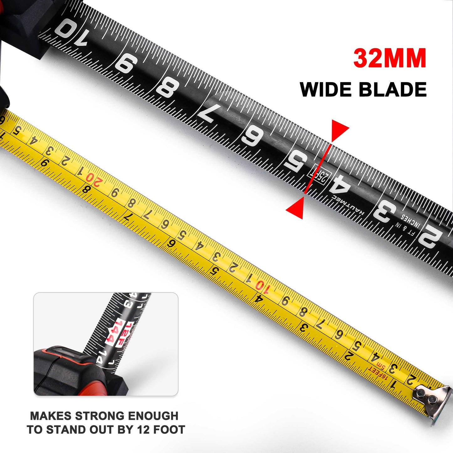 HAUTMEC 25Ft (7.5m) Heavy Duty AutoLock Black Tape Measure, 1 1/4" Wide Black Rigid Blade, Dual Sided Rule Print for Construction, Carpenter, Professionals HT0283-TM