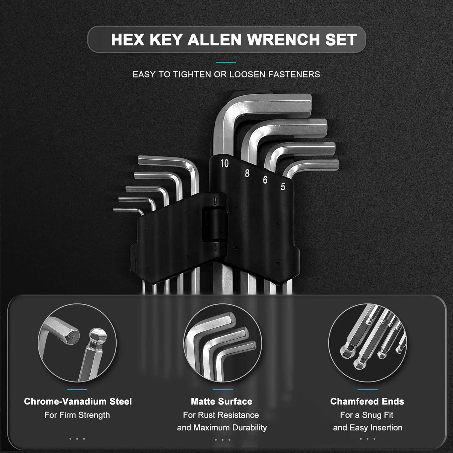 HAUTMEC Hex Key Allen Wrench Set, Ball End Hex Key Set, Metric L-Wrench, 9-Piece, Chrome Vanadium Steel, Industrial Grade, Strength Helping, HT0223-SS