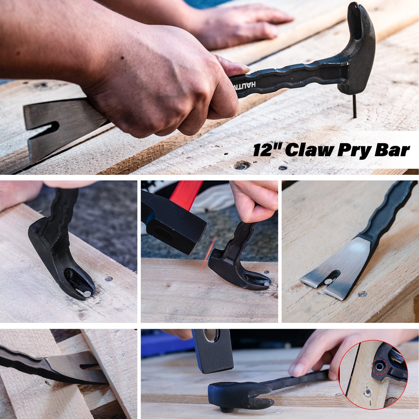 HAUTMEC 3 PCS Pry Bar Set, 15" Flat Pry Bar, 12" Cats Paw Nail Puller Tool and 8" End Cutting Pliers, Heavy Duty Dorp Forged Crowbar Pry Tool for Prying, Lifting and Removing Tasks, HTASM25022