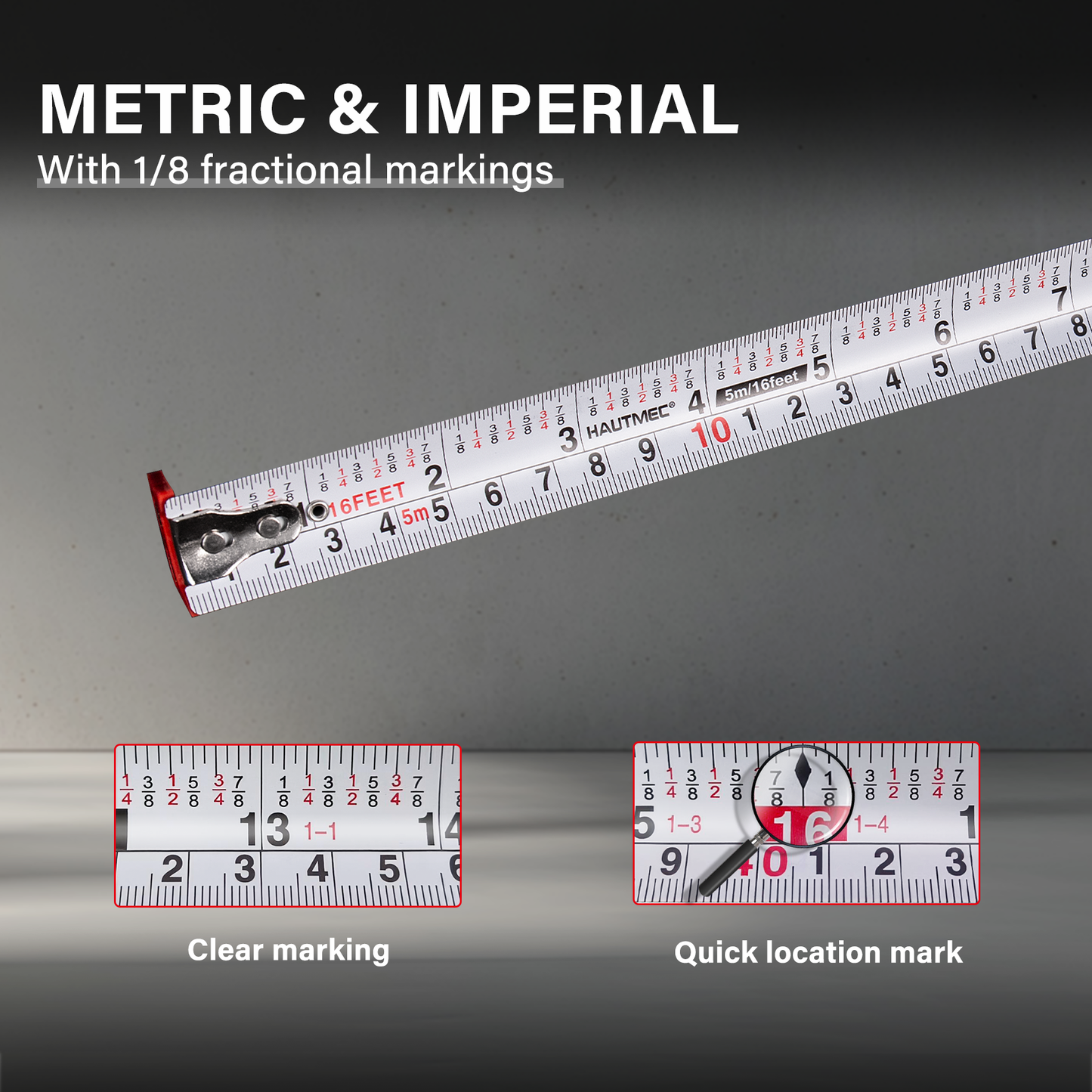HAUTMEC 6 Pack Compact Tape Measures 16FT/5M, Heavy-Duty Tapes in Bulk with 1/8 Fractions, Rubberd Magnetic Hook and Double Lock Mechanism, HTMEM25039