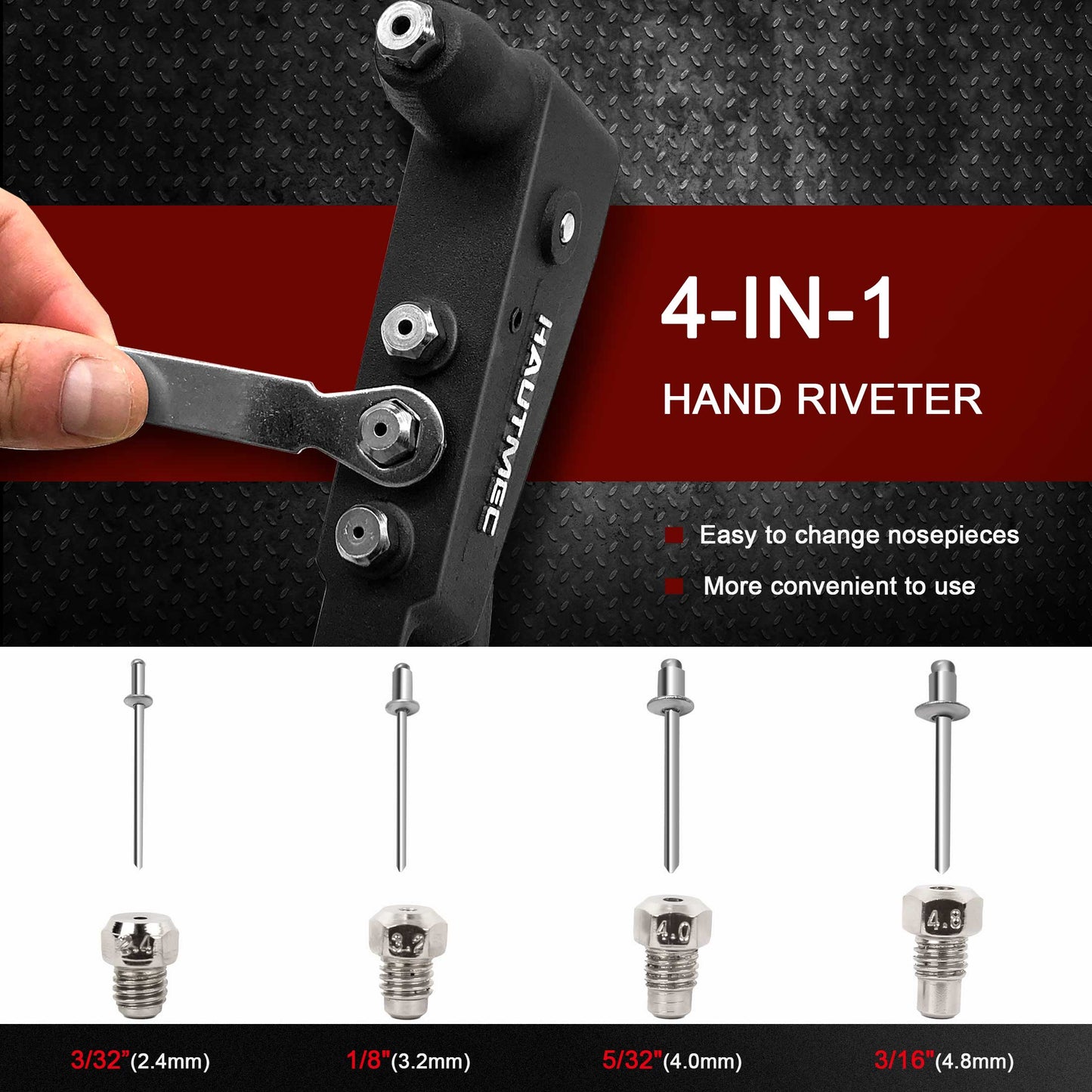 HAUTMEC Heavy Duty Rivet Gun,Pop Rivet Gun with 4 Interchangeable Rivet Heads,Durable Hand Riveter for Plastic, Metal, Leather, Wood HT0125-HR