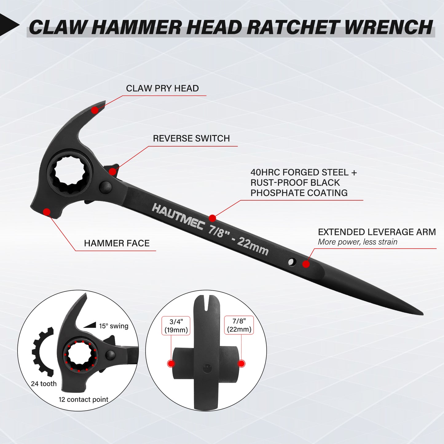HAUTMEC 12inch Spud Ratchet Wrench Set(3 PCS), Includes 3/4" x 7/8" Dual Socket Scaffold Ratchet Wrench with Claw Pry Bar & Hammer Function, 3/8" x 1/2" Dual Head Ratchet, and Adjustable Spud Wrench HTASM25020