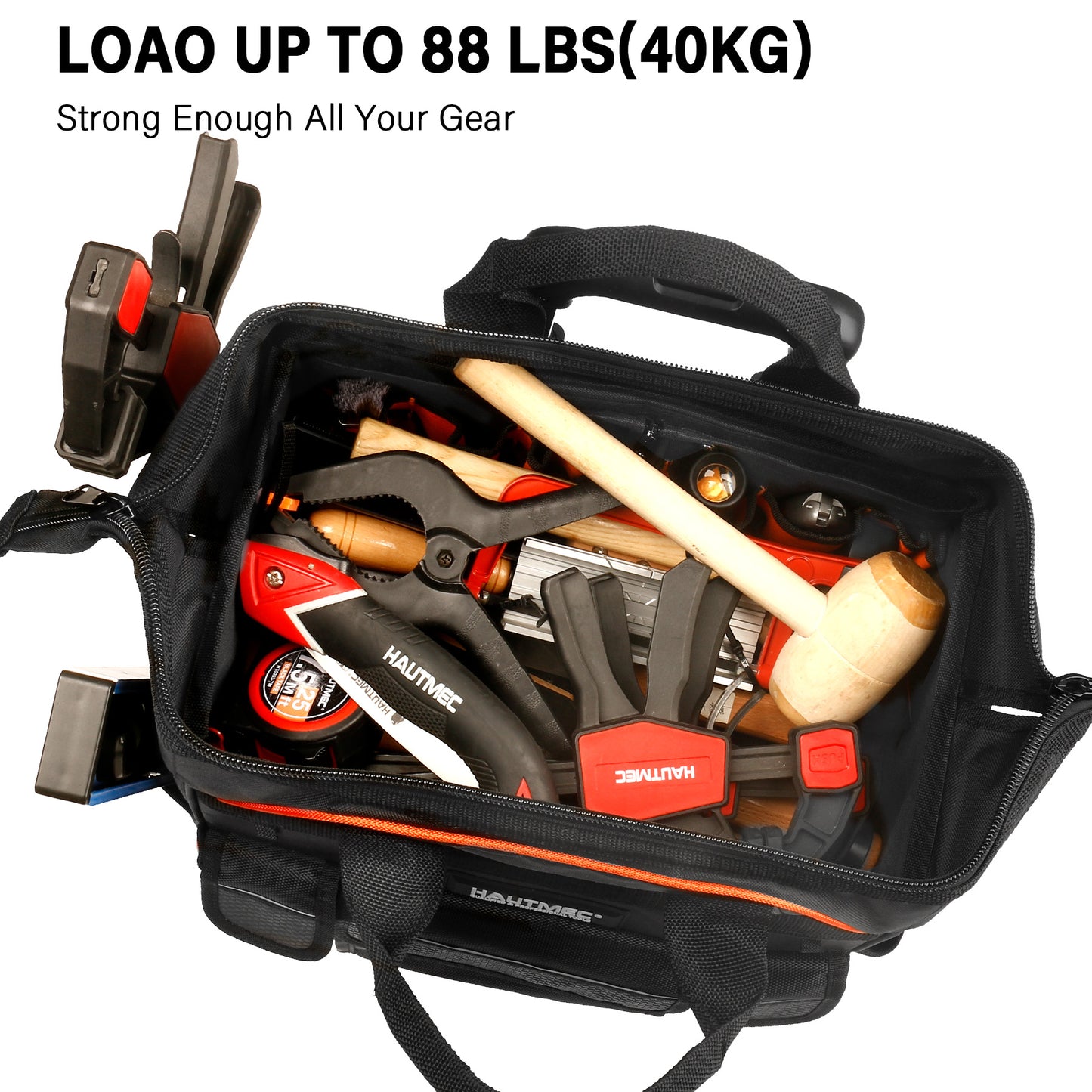 HAUTMEC 14.5" Rolling Tool Bag With Wheels Portable Tool Bag With Adjustable Telescoping Handle Wide Mouth Storage Organizer Perfect Mens Gifts, 600D Orange,HT0353