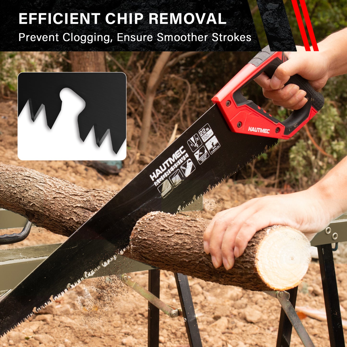HAUTMEC 22-Inch Aggressive Hand Saw, Ergonomical Handle, Rust-proof Wood Saw With Chip Removal Design, for Heavy Duty Sawing, Trimming, Gardening of Wood, Drywall, Laminate And Plastic HT0026-SA