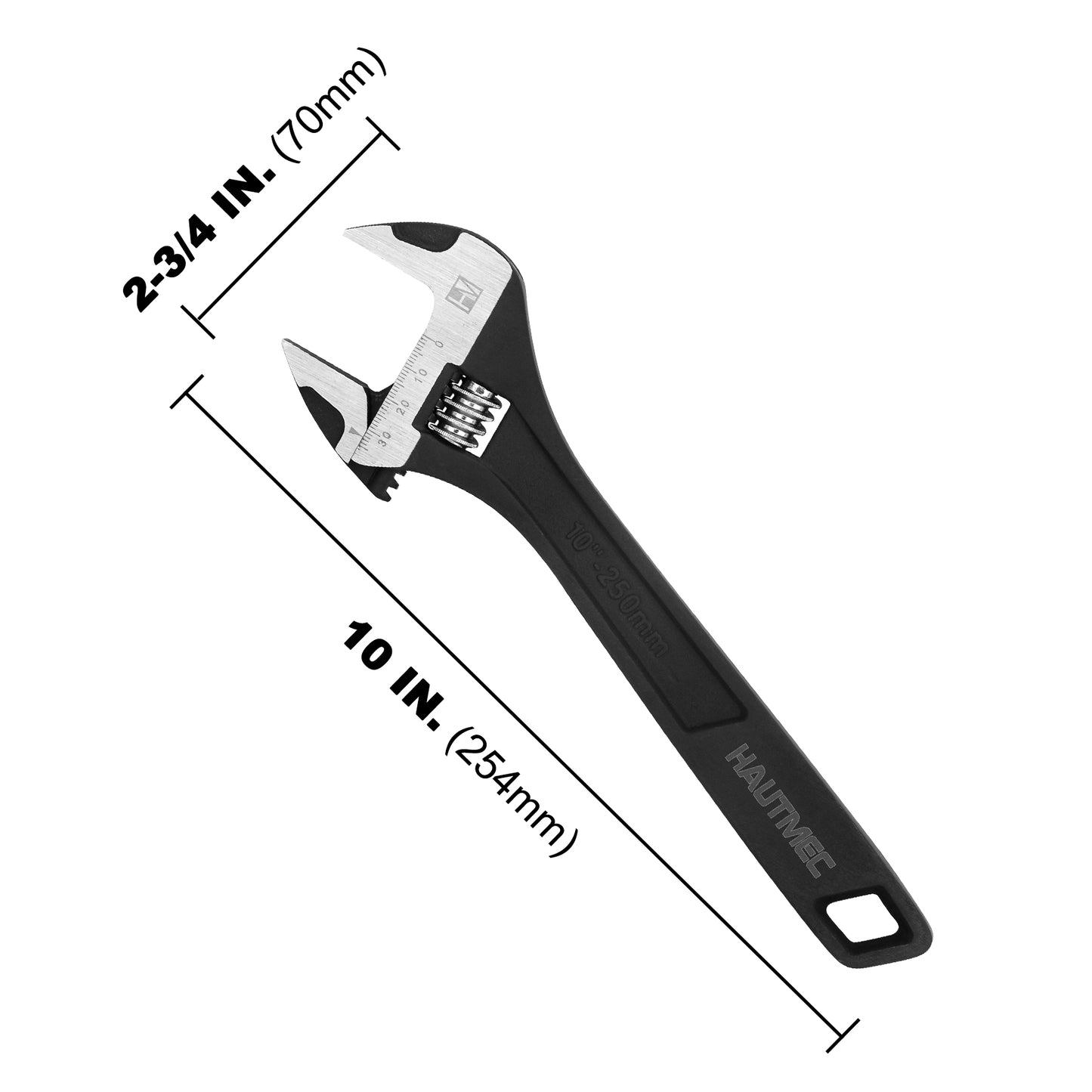 HAUTMEC 10 inch Adjustable Wrench Extra Wide Jaw Black Finish Adjustable Wrenches Drop-Forged CR-V Steel Metric & SAE Scales for Home Garage Workshop DIY, HT0374