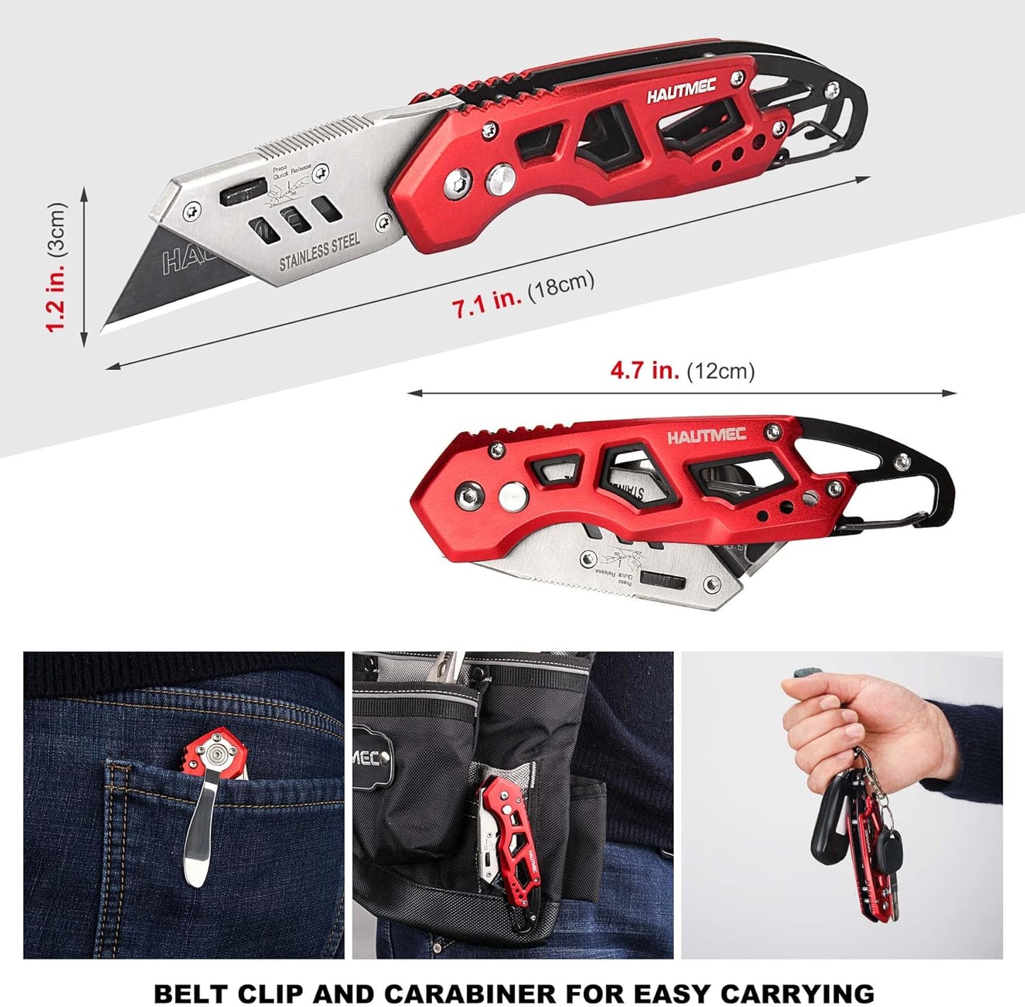 HAUTMEC Folding Utility Knife, Box Cutter with 10pcs SK2H Razor Blades, Heavy Duty Aluminium Alloy Pocket Knife with Belt Clip and Carabiner, Quick Change Blades and Safety Locking Design, HT0263-KN