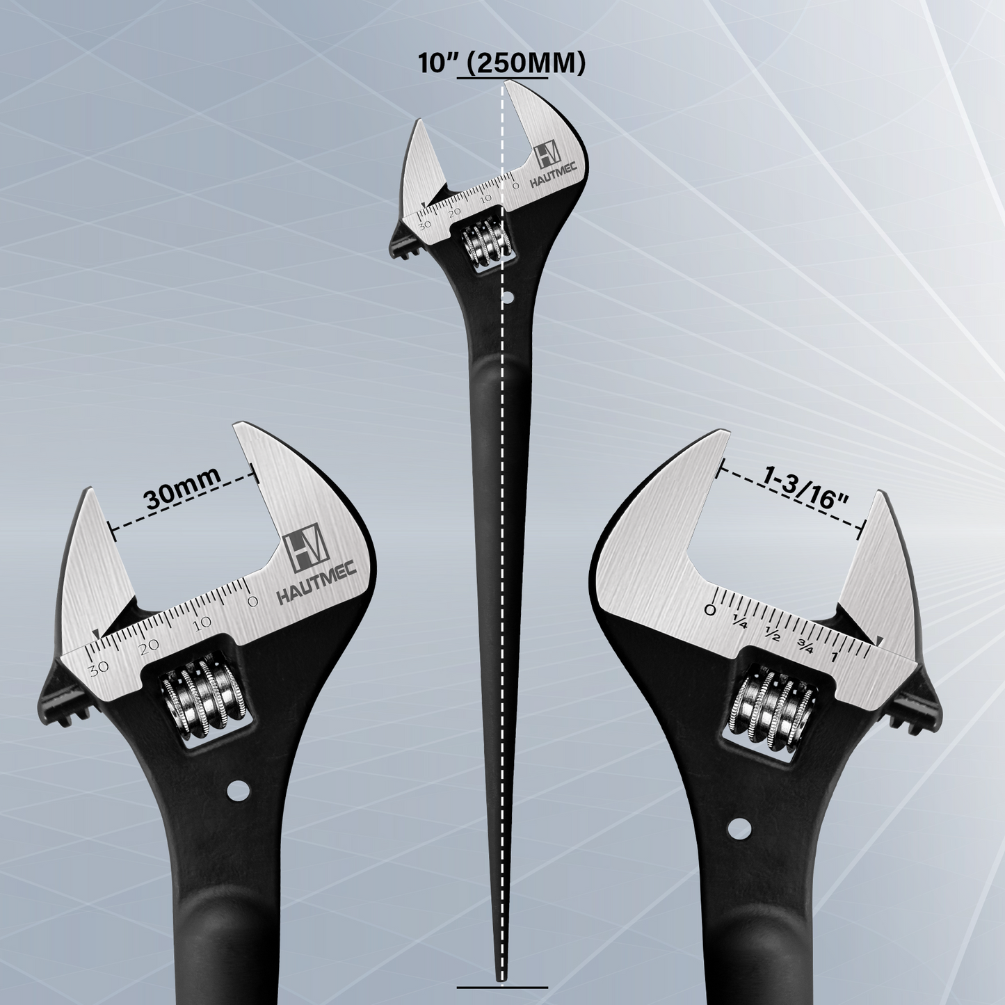 HAUTMEC 10inch Adjustable Spud Wrench, Wide Jaw Up to 1-3/16"(30mm), Adjustable Spud Wrenches with Tail Pry Bar Features, Black Oxide Finish, Forged CR-V Steel Metric & SAE Scales with Tether Hole HTASM25016