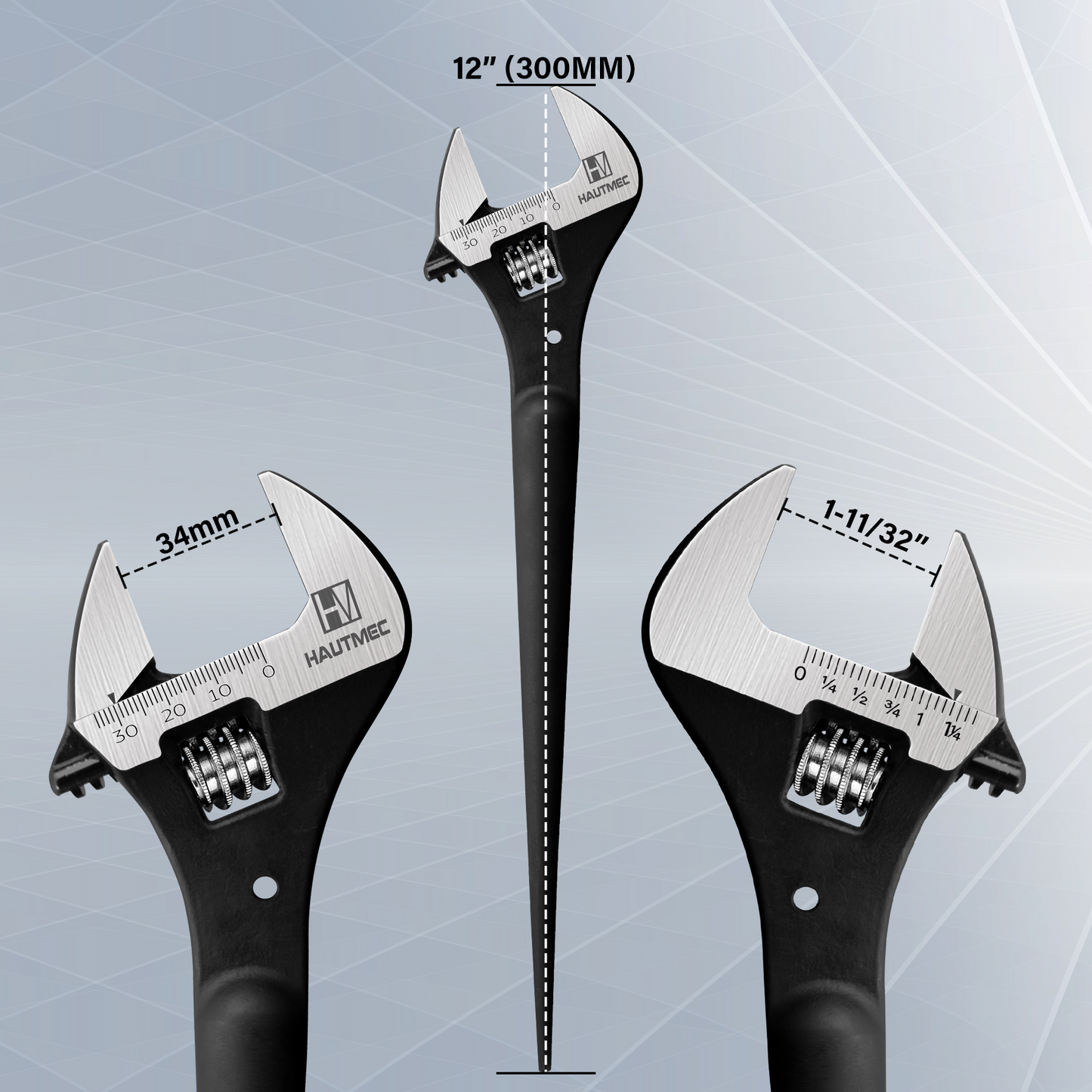 HAUTMEC 12 inch Adjustable Spud Wrench, Wide Jaw Up to 1-11/32"(34mm), Adjustable Spud Wrenches with Tail Pry Bar Features, Black Oxide Finish, Forged CR-V Steel Metric & SAE Scales with Tether Hole HTASM25017
