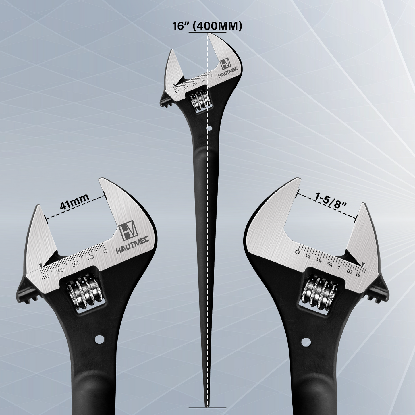 HAUTMEC 16 inch Adjustable Spud Wrench, Wide Jaw Up to 1-5/8"(41mm), Adjustable Spud Wrenches with Tail Pry Bar Features, Black Oxide Finish, Forged CR-V Steel Metric & SAE Scales with Tether Hole HTASM25018