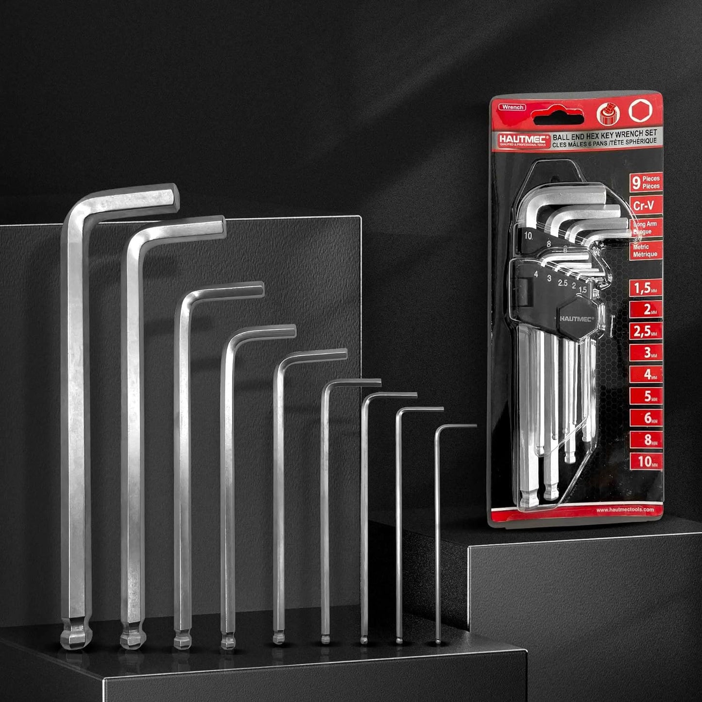 HAUTMEC Hex Key Allen Wrench Set, Ball End Hex Key Set, Metric L-Wrench, 9-Piece, Chrome Vanadium Steel, Industrial Grade, Strength Helping, HT0223-SS