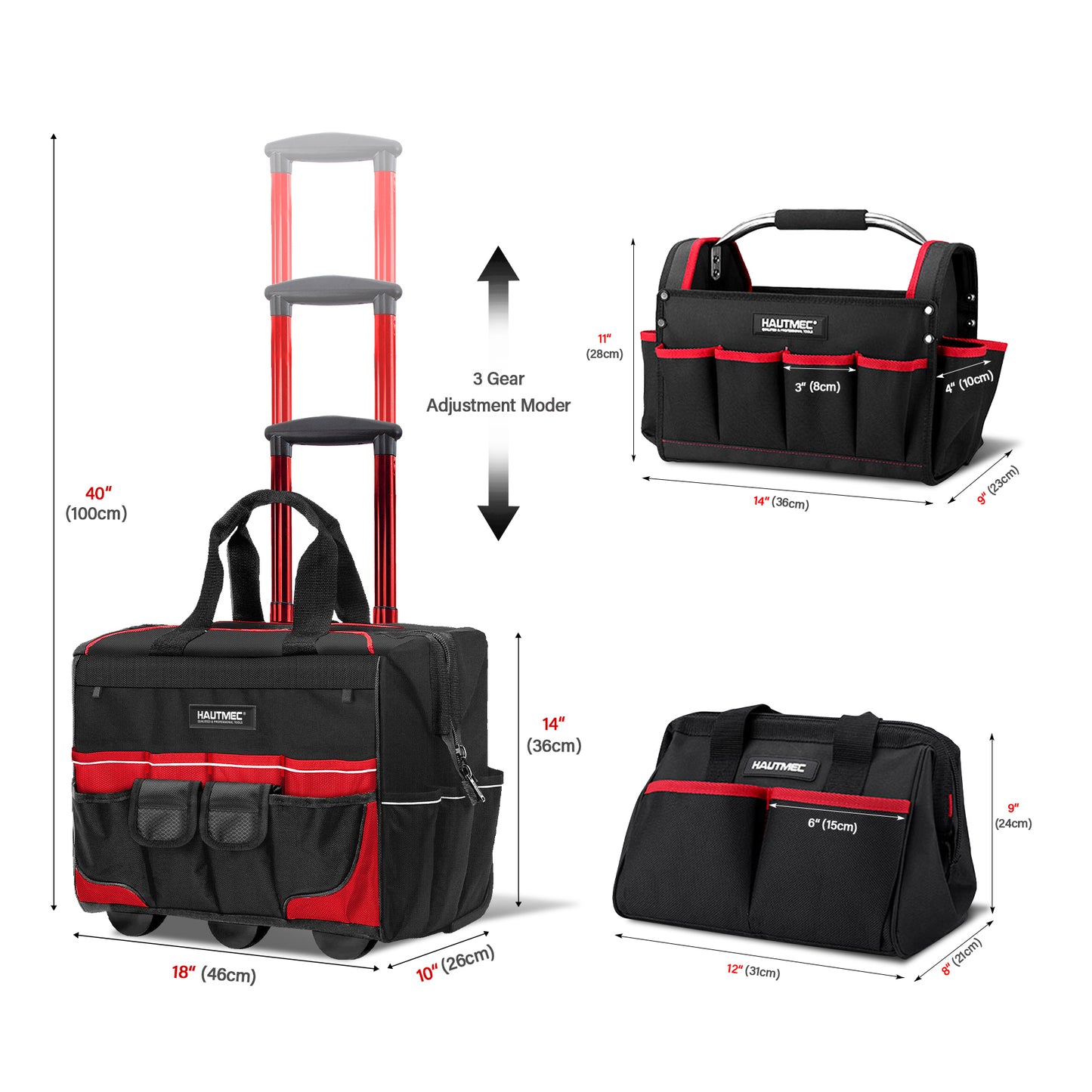 HAUTMEC 3 Piece Heavy-Duty Rolling Tool Bag Set, 18” Wheeled Tool Bag, 15” Electrician Tool Tote & 12” Wide Mouth Bag, 1680D Oxford Fabric Portable Tool Storage – HTTBM25006