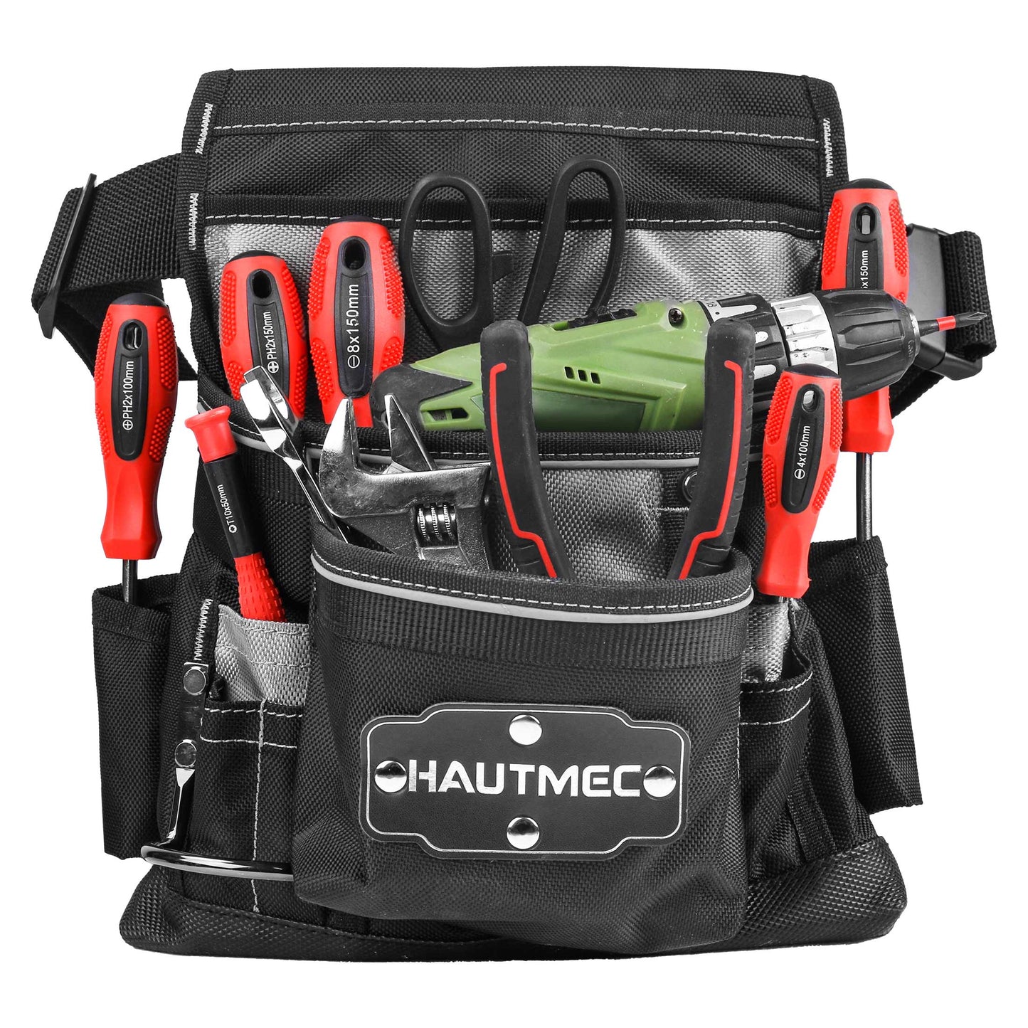 HAUTMEC Maintenance and Electrician Tool Pouch, 12-Pocket 1680D Tool Belt Pouch, Combo Tool Belt with Waist Strap Hammer Holder and 360° Reflective Strips HT0220-TB