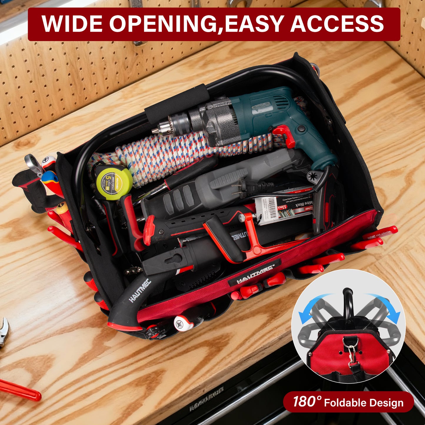 HAUTMEC 3PCS Heavy Duty Tool Tote Bag Set, 1680D Rigid Frame Tool Bags with Foldable Handle & Padded Shoulder Strap, Water-Resistant Hard Base, Multi-Pocket Tool Box Organizer – HTTBH25052