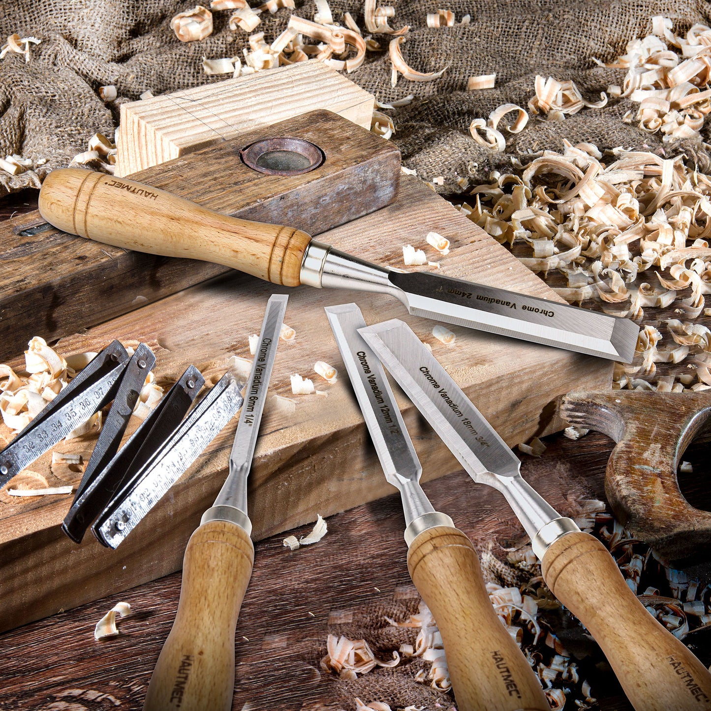 HUATMEC Wood Chisels Set of 4, Carbon Steel Beveled Edge Blade, Beech Handle for Woodingworking and Carving HT0315