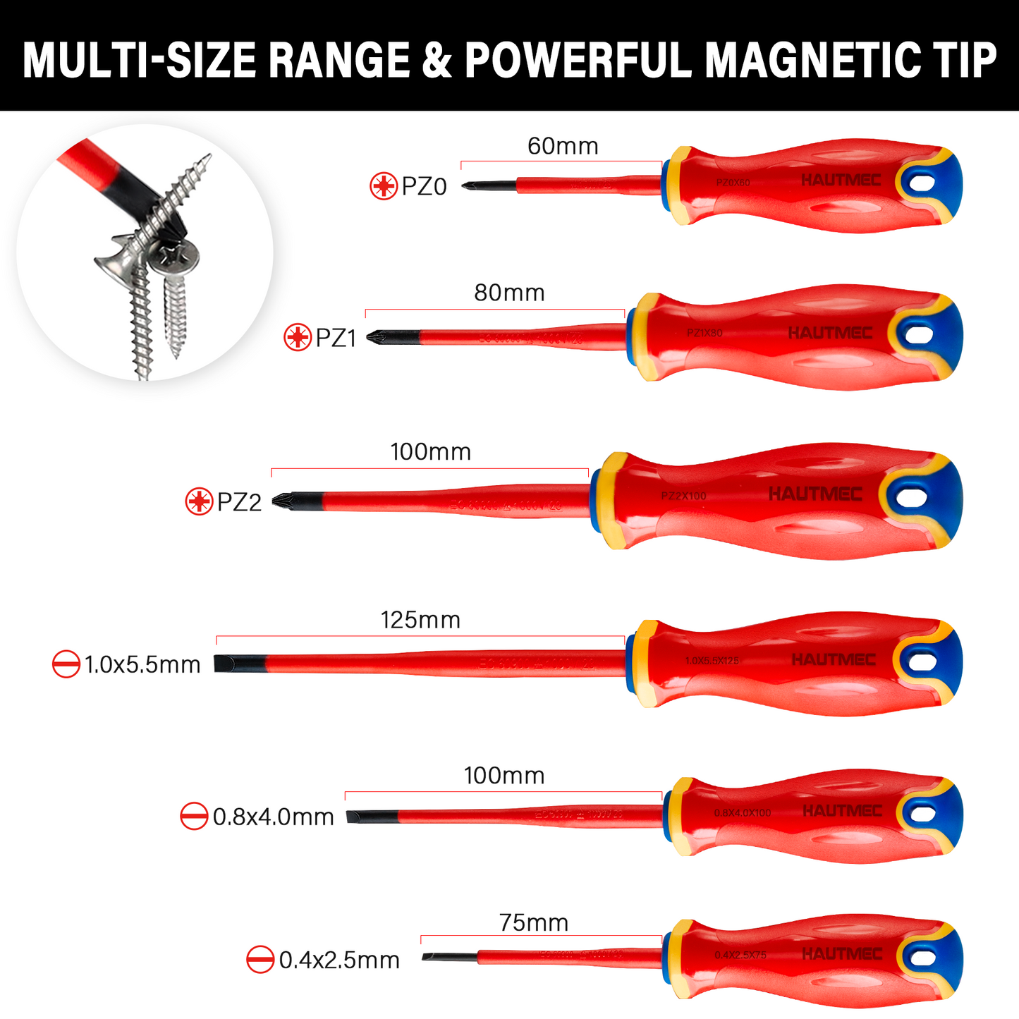 HAUTMEC 1000V 6Piece VDE Insulated Screwdrivers Set with Forged S2 Shanks, Magnetic Tips, Tri-Material Cushion Grip, Professional Electrician Screwdriver Kit, HT0331