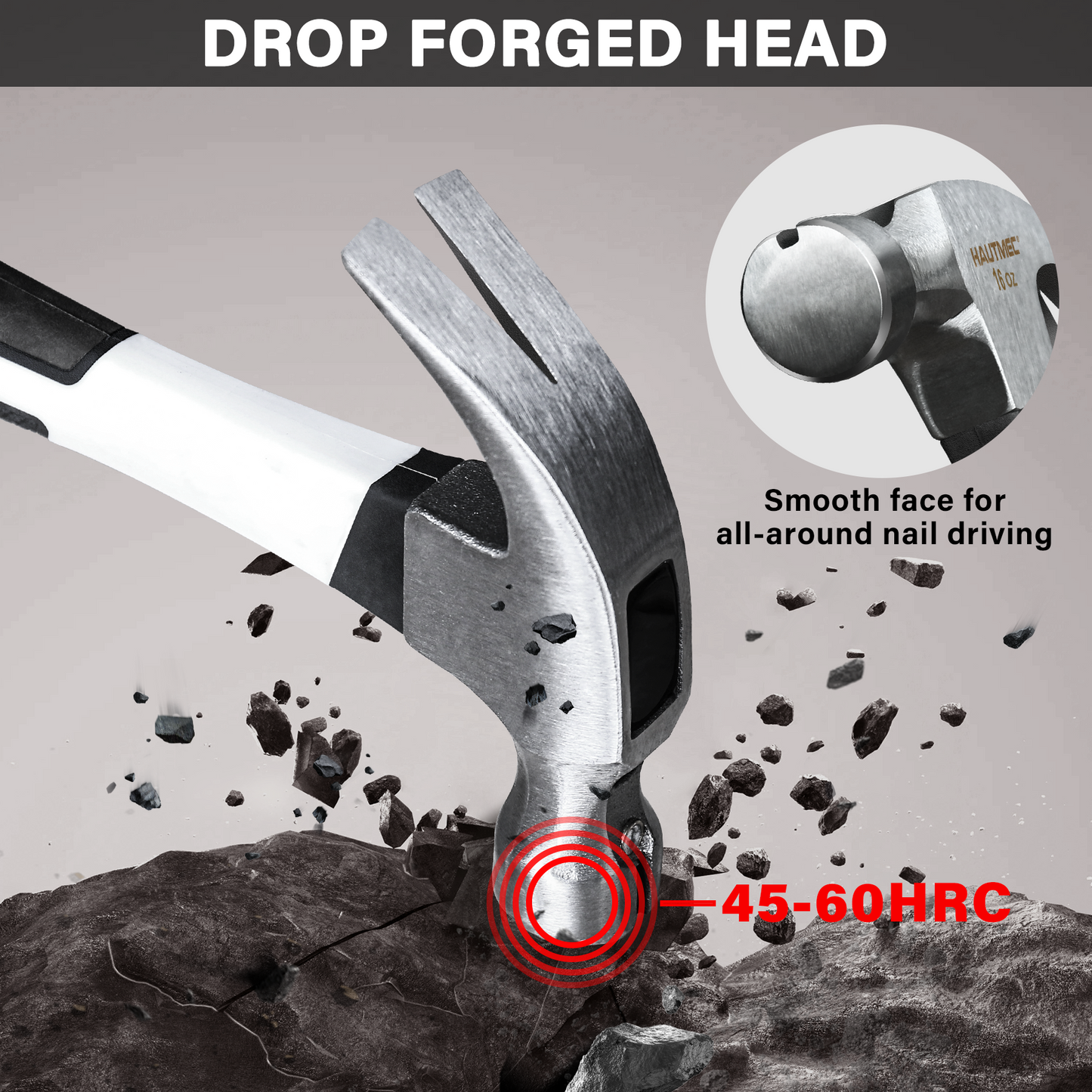 HAUTMEC 16 oz Claw Hammer, Drop Forged Claw Hammers with Magnetic Nail Holder and Firberglass Handle, Curved Jaw of Nail Puller, Smooth Face, HTMAM25003