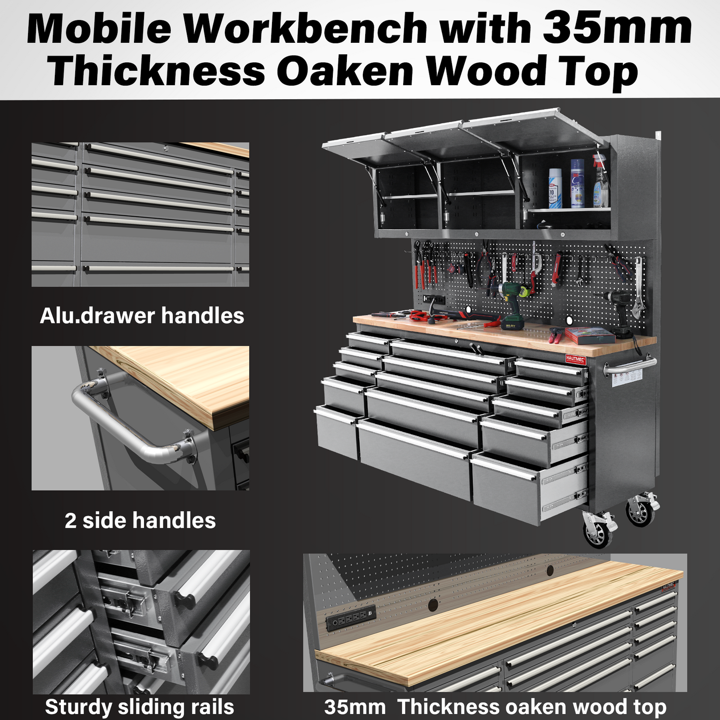 HAUTMEC 72-Inch Rolling Tool Chest with 51 PCS Pegboard Hooks & ETL-Certified Power Strip, Mobile Garage Workbench with 15 Drawers, 3 Upper Cabinets, Pegboard & Heavy-Duty Oak Work Surface HT0428-TC