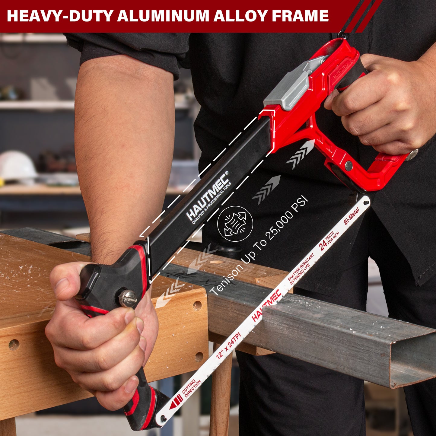 HAUTMEC 12" Fast Tension Hacksaw with Extra 5 HSS Blades, Heavy-Duty Aluminum Frame, Quick-Change Tension, Blade Storage, Pro Hack Saw with Dual Cutting Angles for Metal, PVC, Wood - HTHSH25034