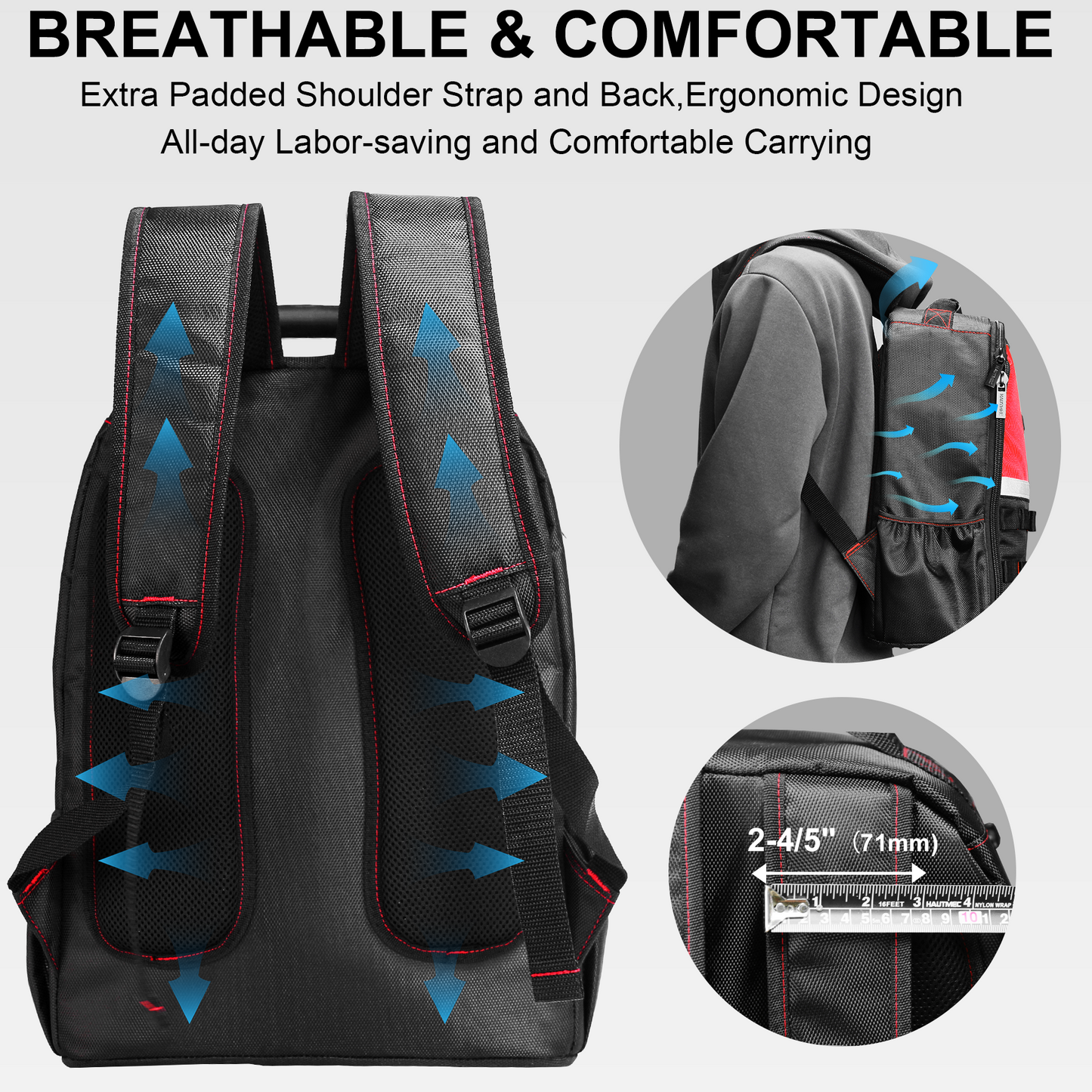 HAUTMEC Pro Tool Backpack Heavy Duty 1680D Water-Resistant Tool Bag with Laptop Compartment, Padded Straps for Comfortable Carry, Impact-Resistant Base, HT0407