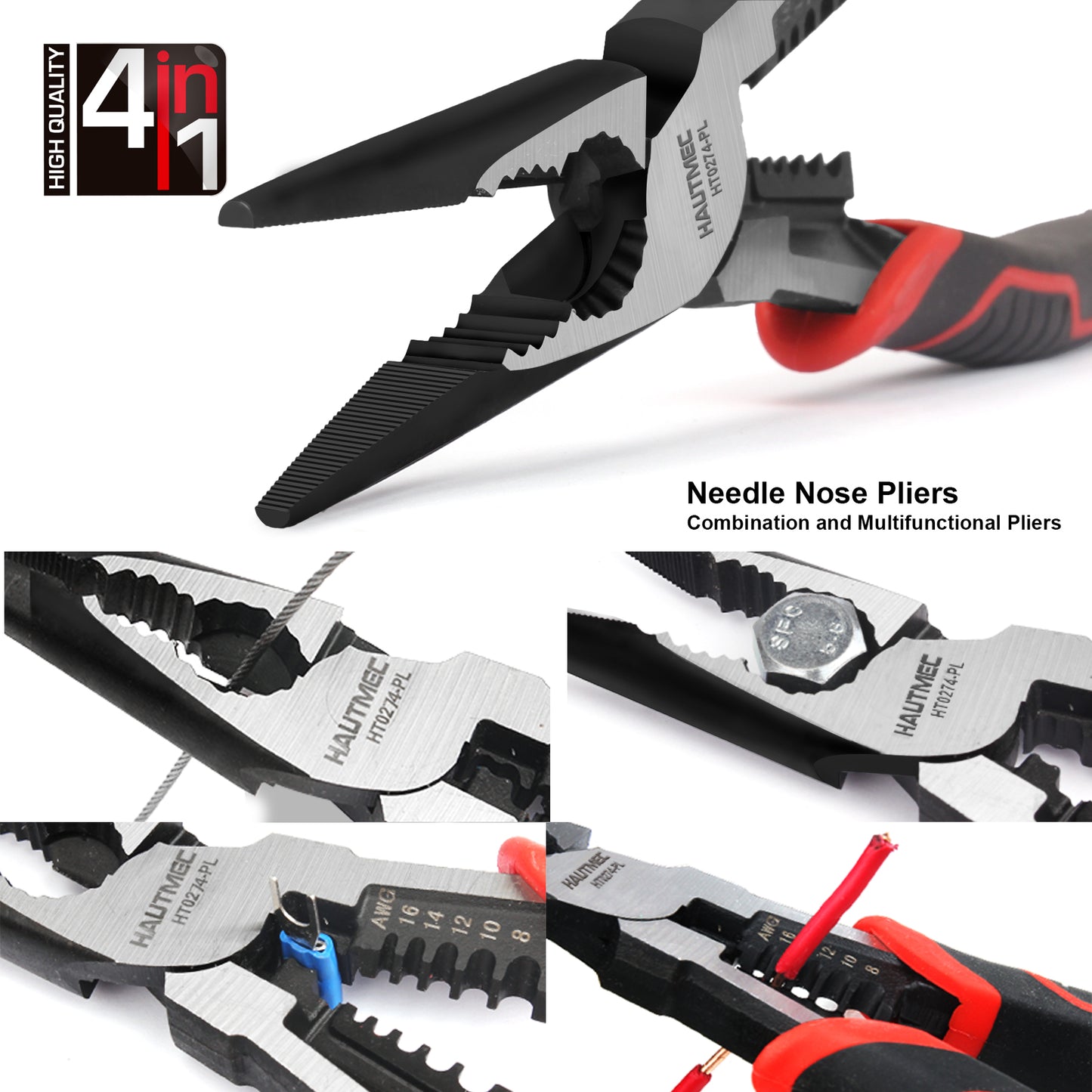 HAUTMEC 9" Needle Nose Pliers,High Leverage Combination Pliers 4 in 1 Multifunctional Heavy Duty Long Nose Pliers HT0274-PL