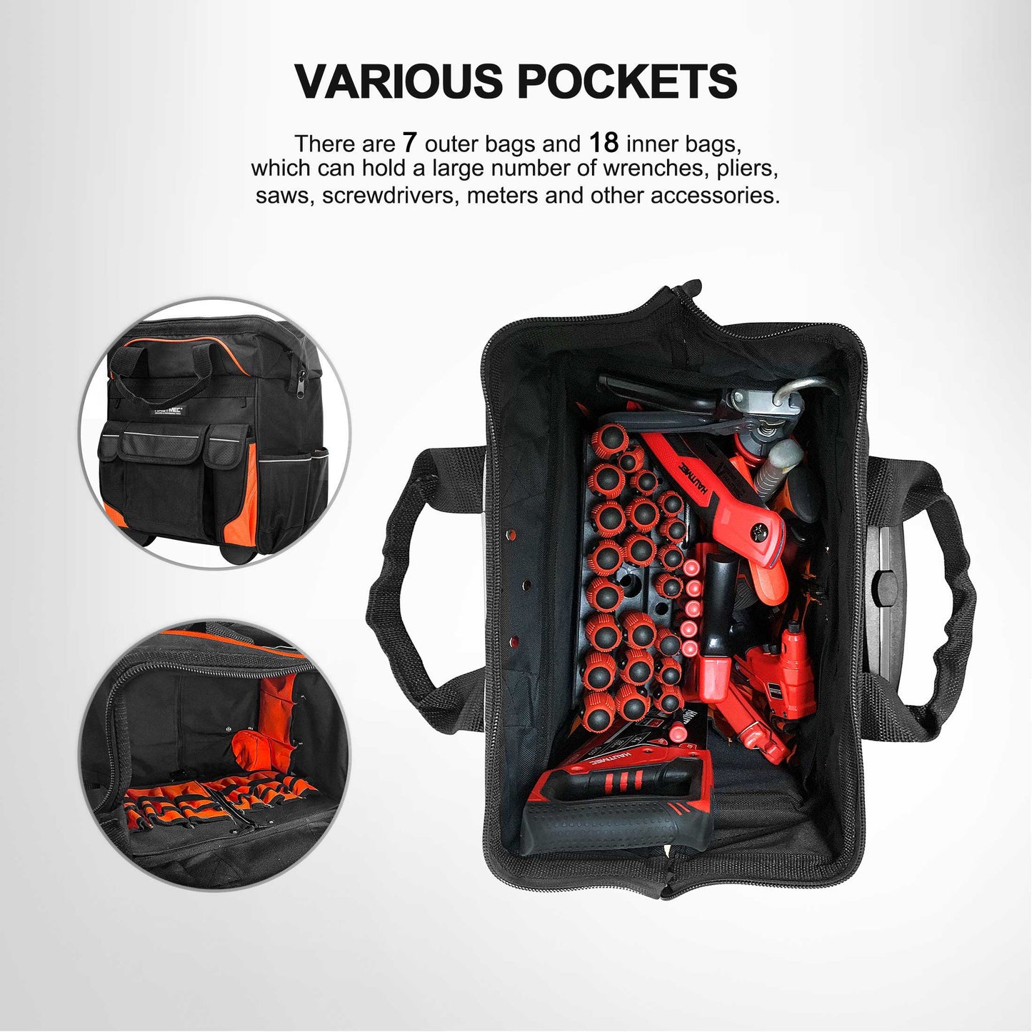 HAUTMEC 16" Wide Mouth Rolling Tool Bag, Orange, Portable Tool Bag with Wheels HT0353-TB