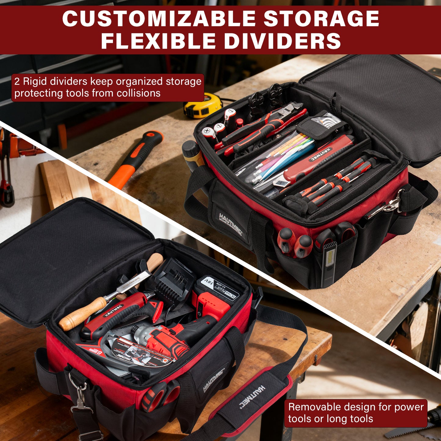 HAUTMEC Heavy Duty Tool Bag Case 14.5 Inch, 1680D Oxford Fabric & EVA Reinforced Hard Bottom, Wide Opening with Removable Dividers, Multi-Pocket Organizer with Padded Strap & Trolley Sleeve - HT0401