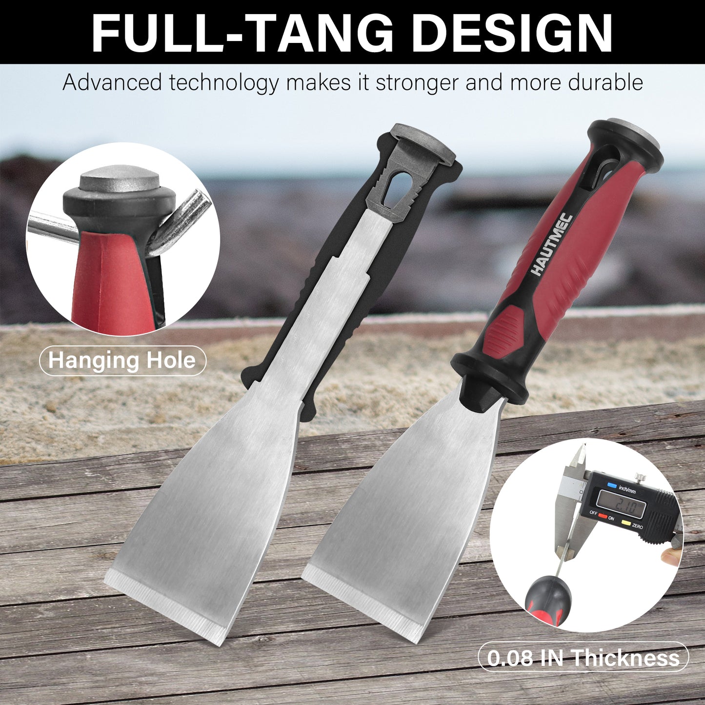 HAUTMEC 2pc Putty Knife Set, 2.5 in Staight and 3 in Offset Scrapers, Heavy Duty Stainless Steel Blade and Hammer End for Removing Wallpaper, Applying Putty, Plaster, Cement HT0061