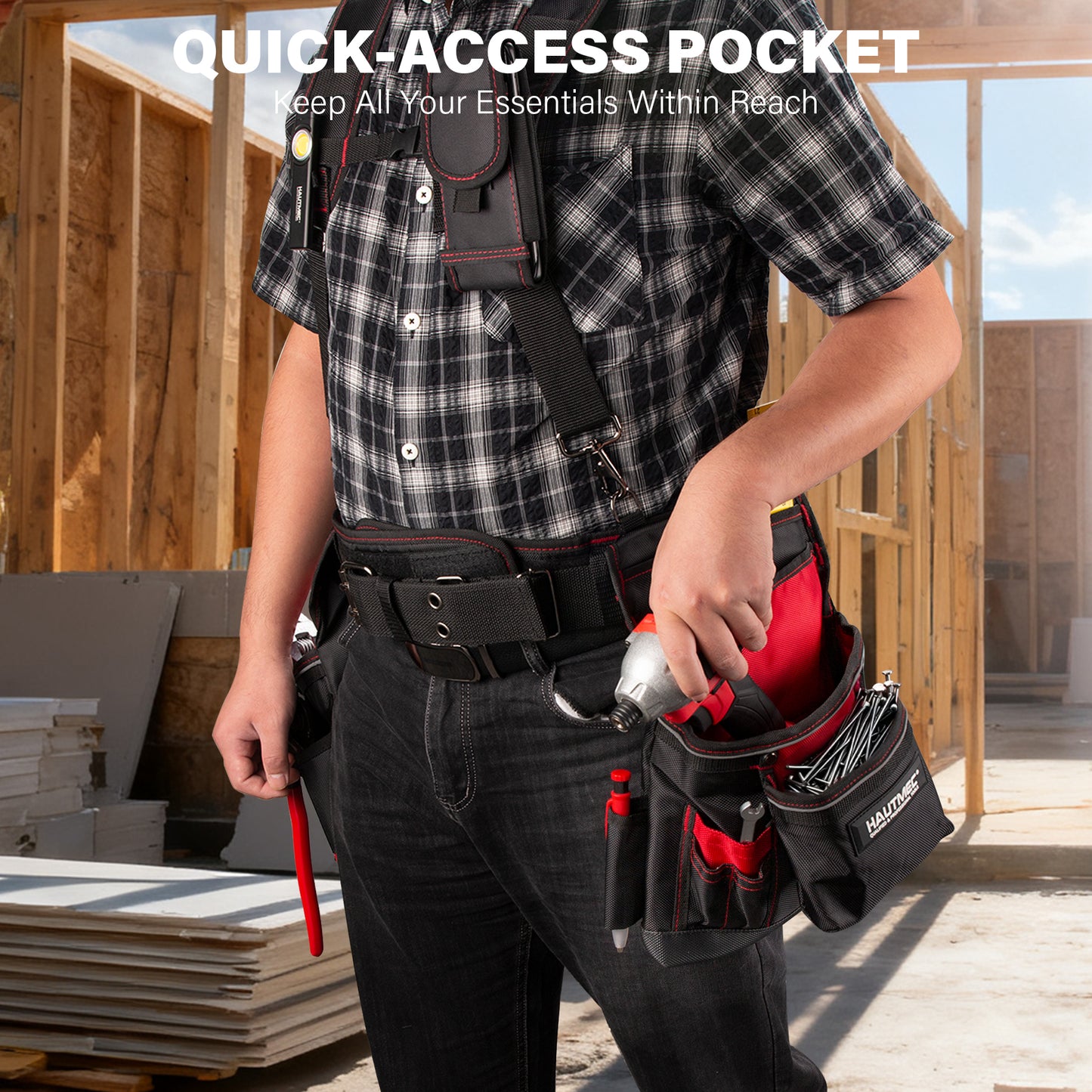 HAUTMEC Professional Tool Belt with Suspenders, 19 Pockets, Heavy-Duty 1680D Work Belt with Adjustable Padded Waist & Shoulder Support, Phone Pouch, Hammer & Tape Holder – HT0400