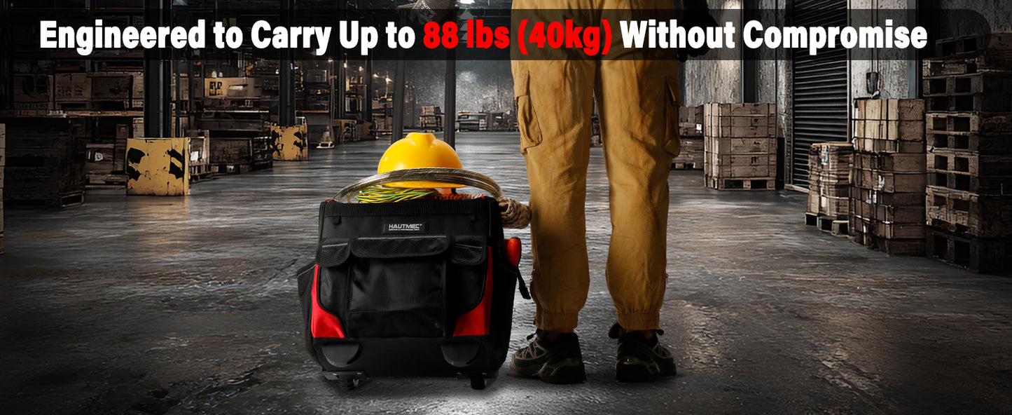 HAUTMEC 14.5" Rolling Tool Bag with Wheels, 25-Pocket Portable Tool Box Organizer with 600D Water-Resistant Fabric, Wide-Mouth Design, Oversized Wheels & Telescoping Handle - HT0179