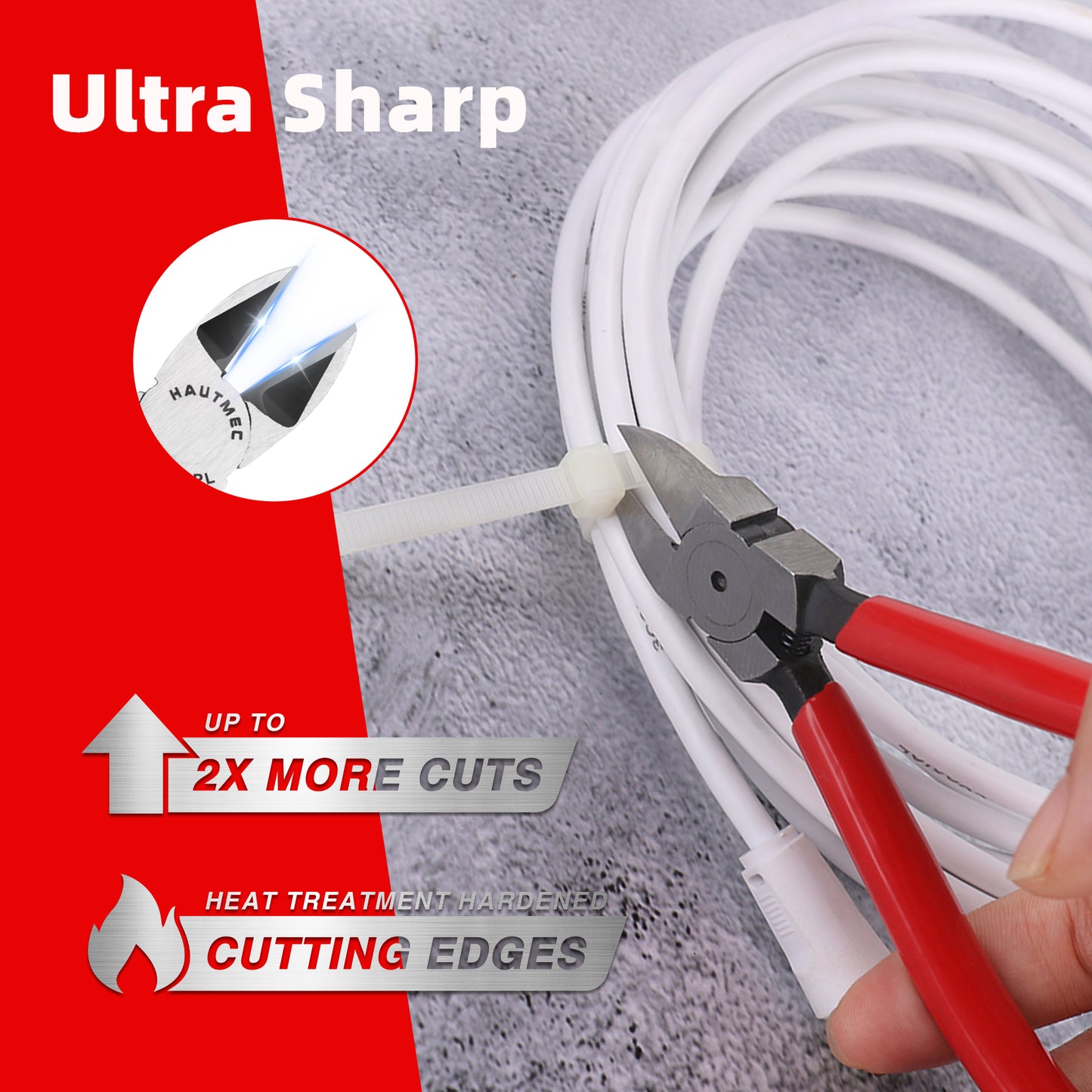 HAUTMEC 6" Flush Cut Pliers Ultra Sharp Wire Cutters 2PCS with Spring Loaded and Non-slip Grip, Ideal Wire Snips for Plastic, Soft Wire, Toy Model Kits, Jewelry Marking, Zip Ties, HT0318-2PC