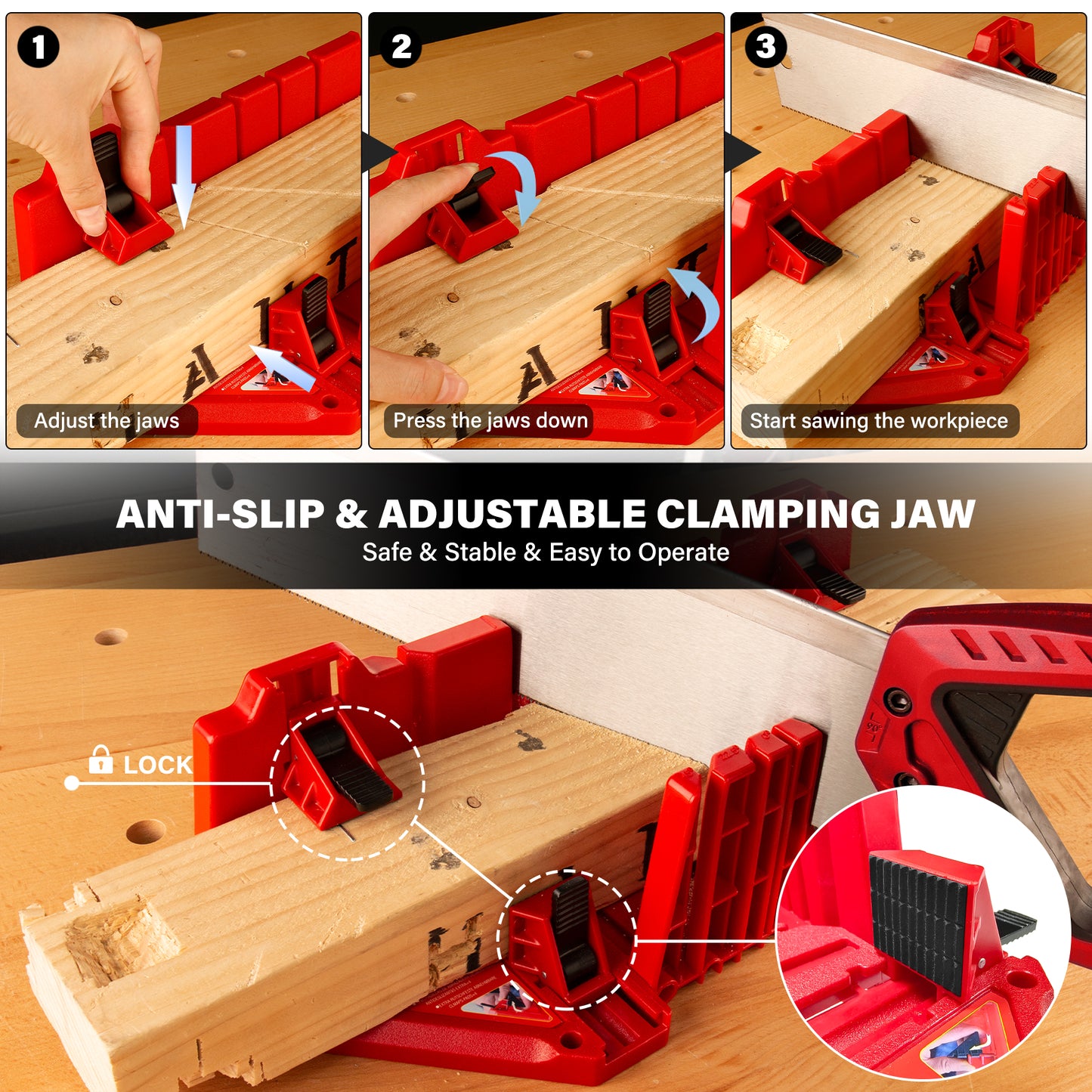 HAUTMEC 14 Inch Clamping Miter Box with Adjustable Jaw & 4 Anti-Slip Clamps, Heavy Duty ABS Mitre Saw Box with 22.5°, 45°, 90° Cutting Angles for Woodworking, Trim, Frames, DIY Projects – HTHDM25036