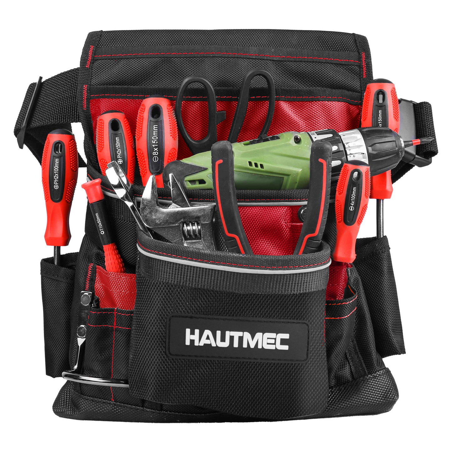 HAUTMEC Heavy Duty Framing Tool Belt Electrician Tools Pouch Organizer Work Belts For Men, 12-Pocket 1680D Tool Bag with Waist Strap Hammer Holder and 360°Reflective Strips, Black & Red HT0220-TBR