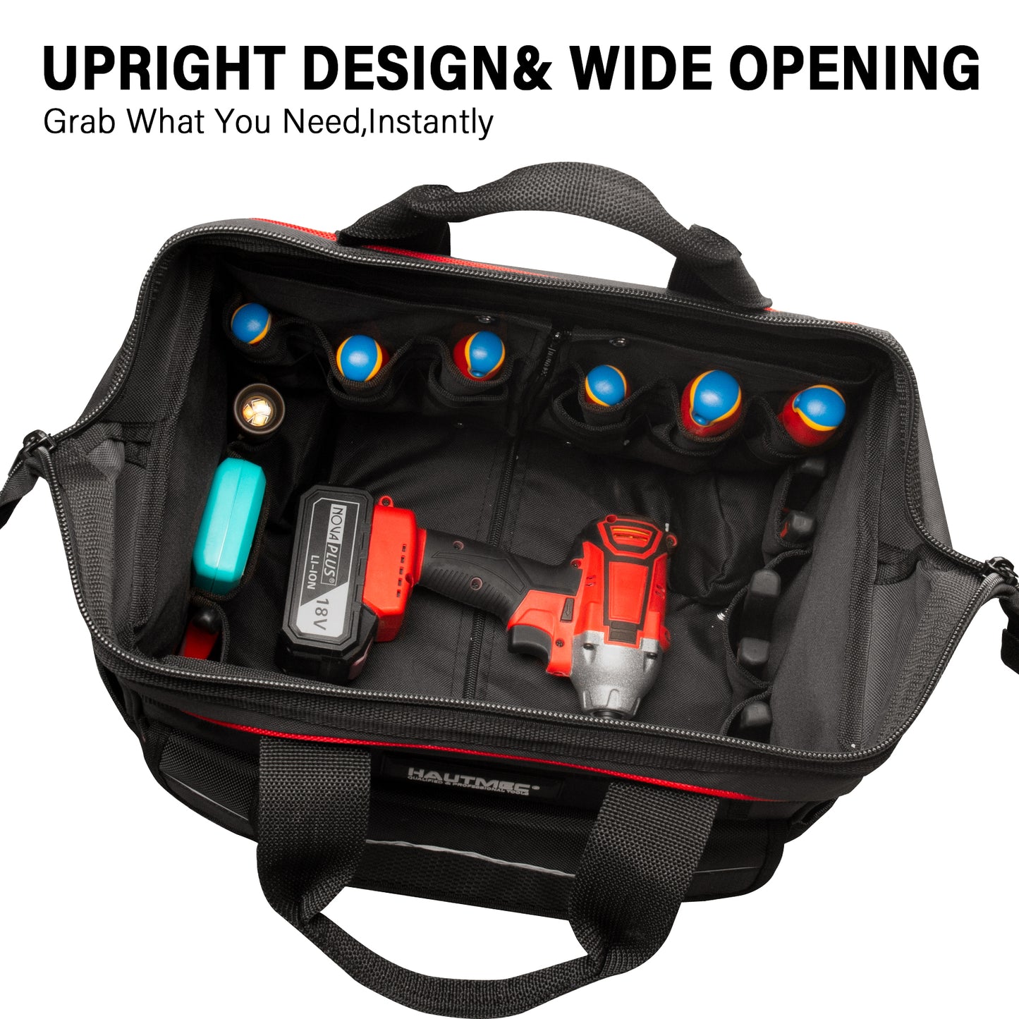 HAUTMEC 14.5" Rolling Tool Bag with Wheels, 25-Pocket Portable Tool Box Organizer with 600D Water-Resistant Fabric, Wide-Mouth Design, Oversized Wheels & Telescoping Red Handle -HTTBM25005