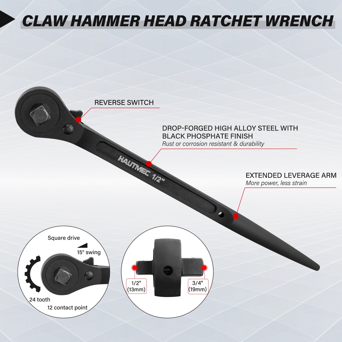 HAUTMEC 12" Spud Ratchet Wrench Set(3 PCS), Includes 3/4" x 7/8" Dual Socket Scaffold Ratchet Wrench with Hammer Function, 3/8" x 1/2" Dual Head Ratchet, and Adjustable Spud Wrench HTASM25021